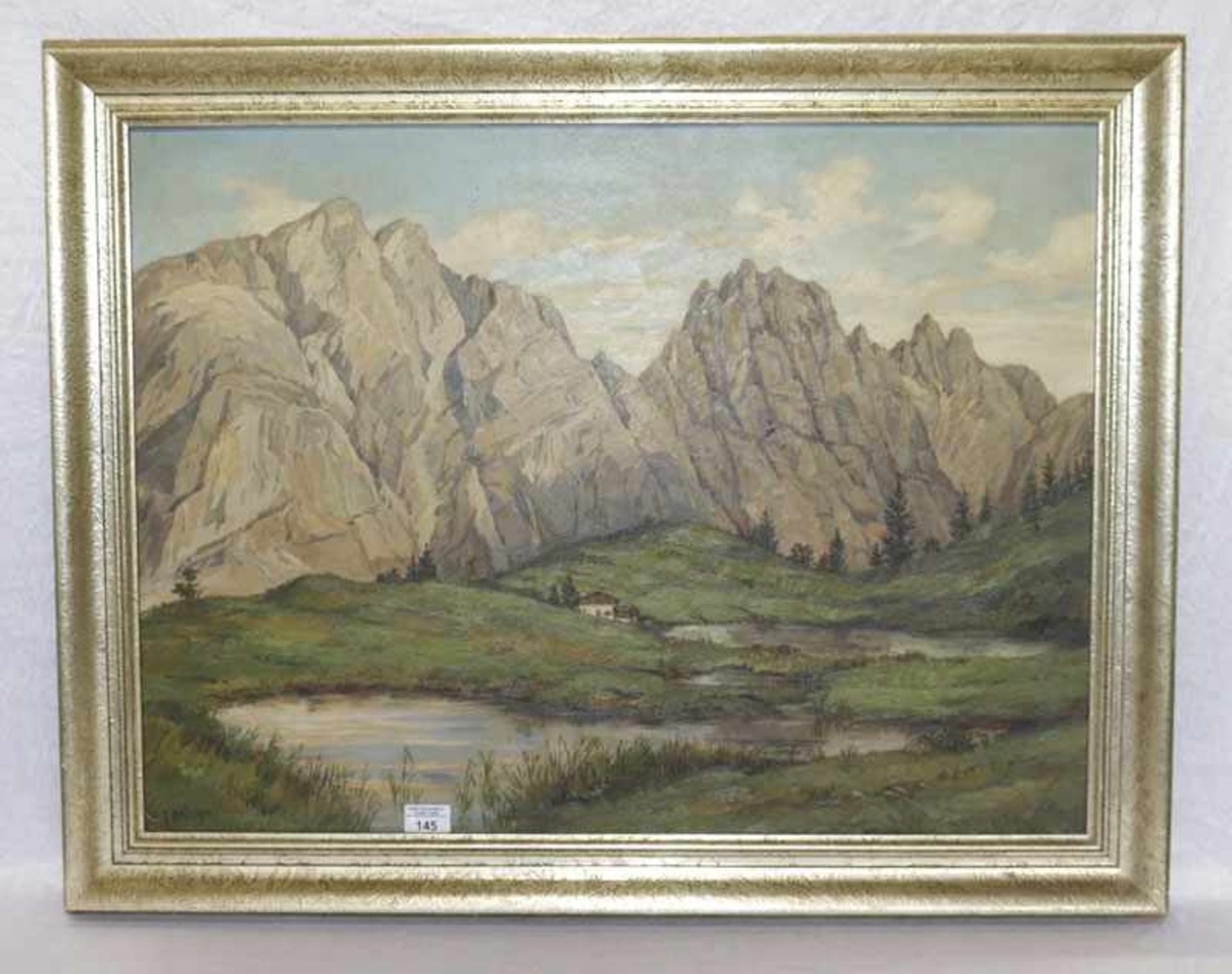 Gemälde ÖL/Hartfaser 'Dolomiten-Szenerie mit Haus', signiert E. Bröcker, gerahmt, Rahmen
