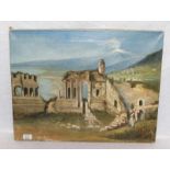 Gemälde ÖL/LW 'Italienische Landschafts-Szenerie mit dem Theater von Taormina im Vordergrund, über