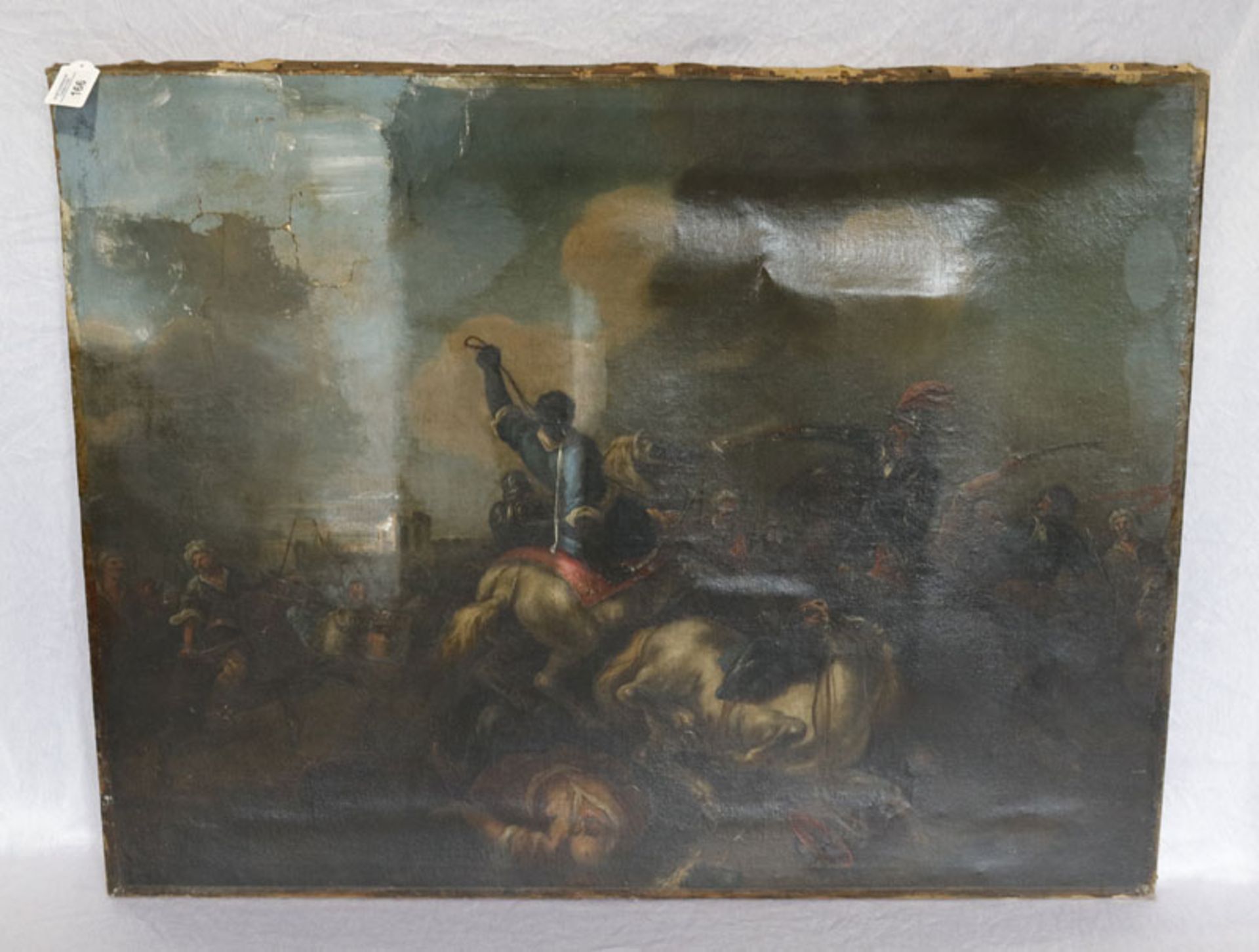 Gemälde ÖL/LW 'Schlacht gegen die Türken bei Wien ?', um 1800, LW stark beschädigt, ohne Rahmen,