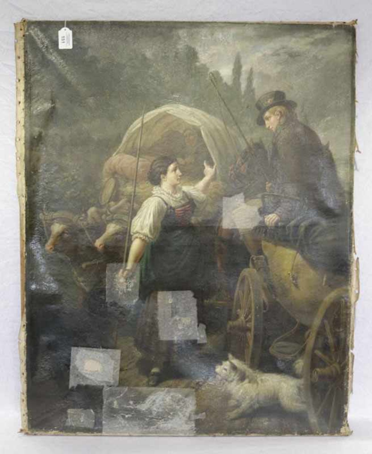 Gemälde ÖL/LW 'Ochsengespann und Pferdekutsche mit Personen und Hund', 19. Jahrhundert, LW stark