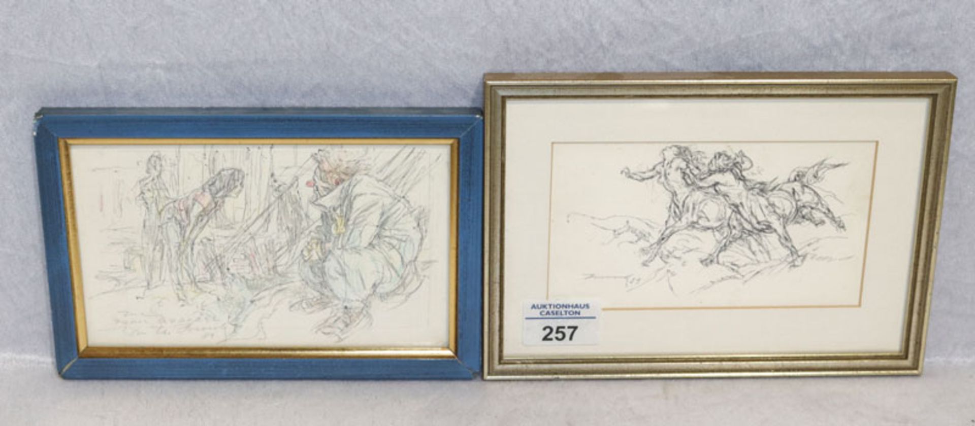 2 Zeichnungen 'Zentauren' undeutlich signiert und datiert 83, mit Passepartout unter Glas gerahmt,