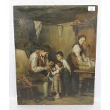 Gemälde ÖL/LW 'Familien-Szenerie in Stube', signiert Mittenhuber ?, ev. Otto, ohne Rahmen 63 cm x 48