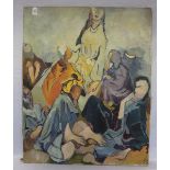 Gemälde ÖL/LW 'Figürliche Szenerien', leichte Farbablösungen, ohne Rahmen 100 cm x 81 cm (00087)