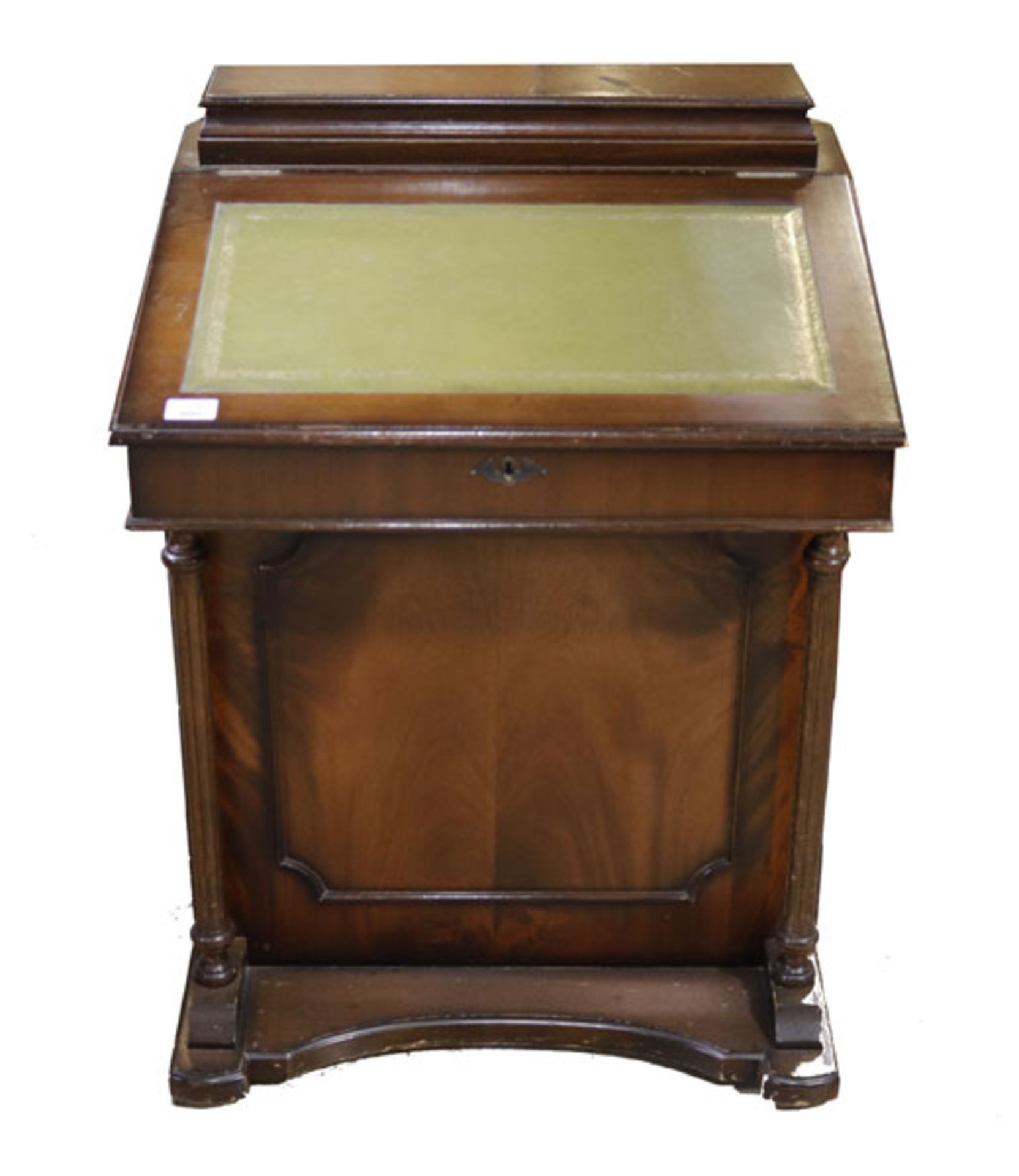 Kneehole Desk, Mahagoni, England 19. Jahrhundert, Korpus mit aufklappbarer Schreibplatte, grüne