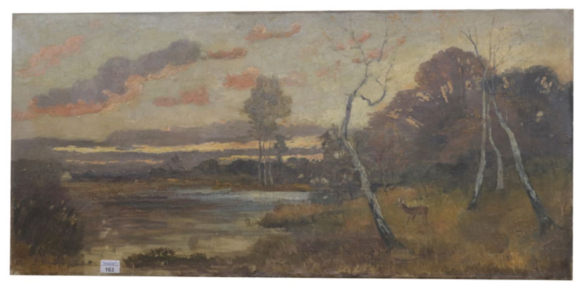 Gemälde ÖL/LW 'Landschafts-Szenerie mit Rehbock in Abendstimmung', ohne Rahmen, 53 cm x 110 cm (