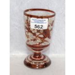 Böhmischer Glas-Fußbecher um 1900, rot/weiß/gold bemalt mit Vogeldekor, H 12,5 cm, berieben,