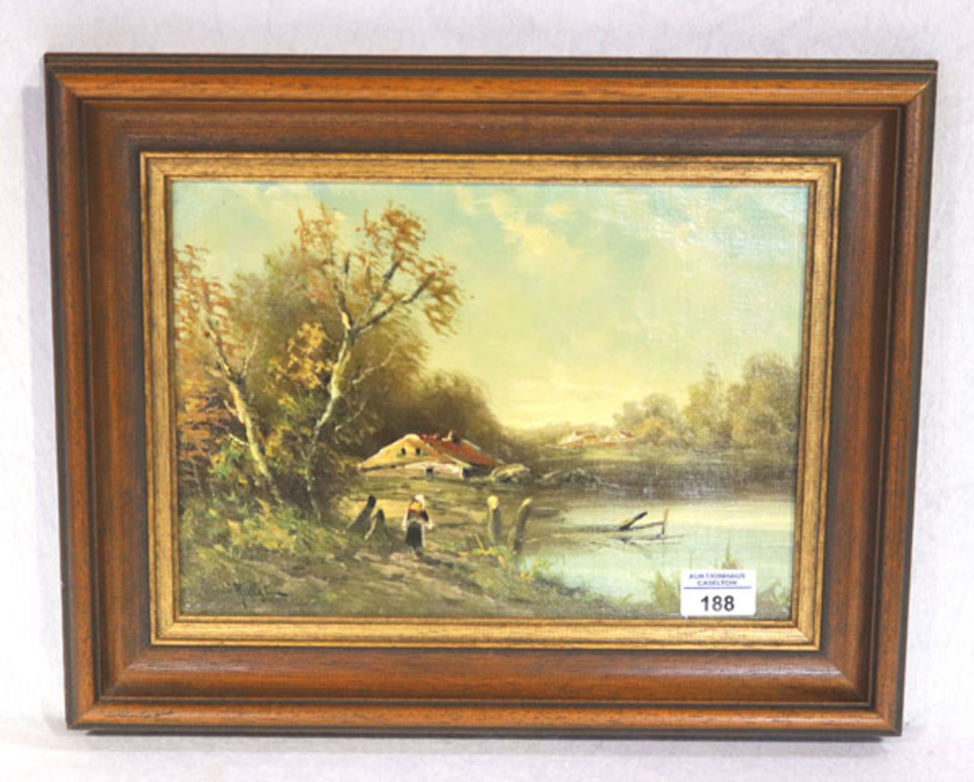 Gemälde ÖL/Malkarton 'Ufer-Szenerie mit Haus', signiert Rollet, gerahmt, incl. Rahmen 34 cm x 42 cm