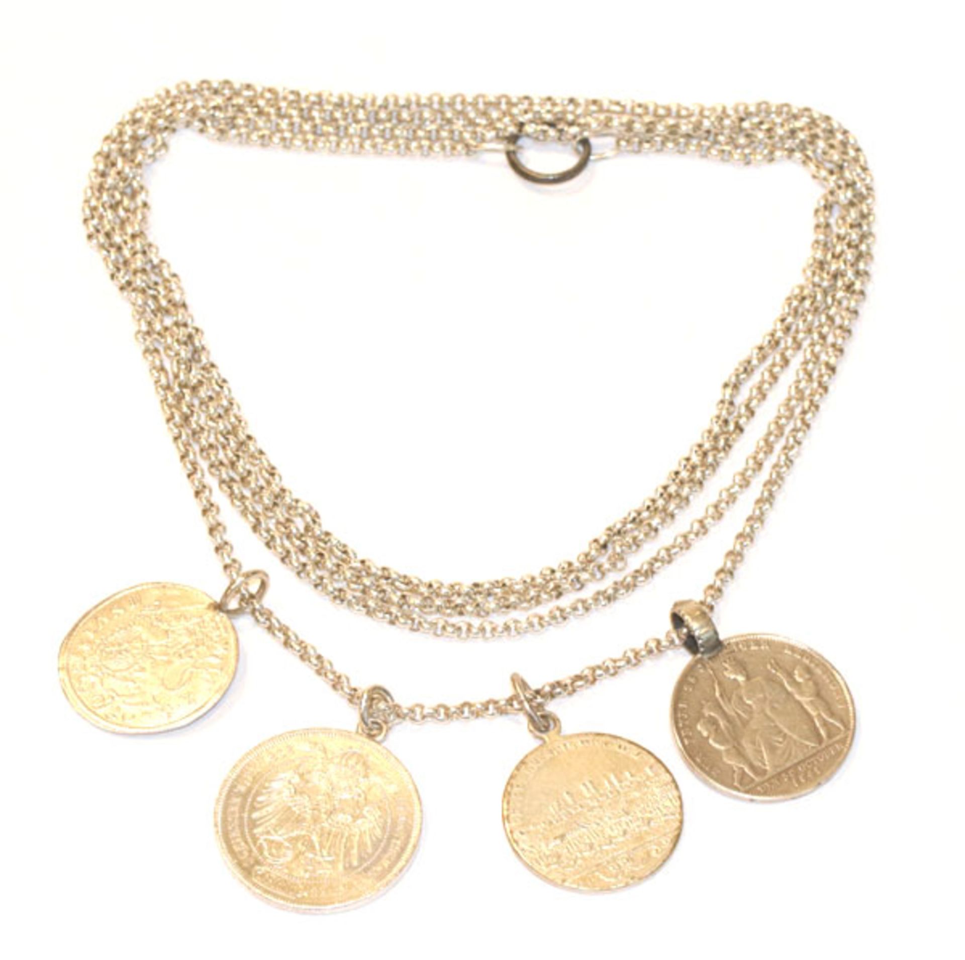 Silber Schnürkette, L 160 cm, mit Medaillen/Münzen Anhänger, 96 gr.