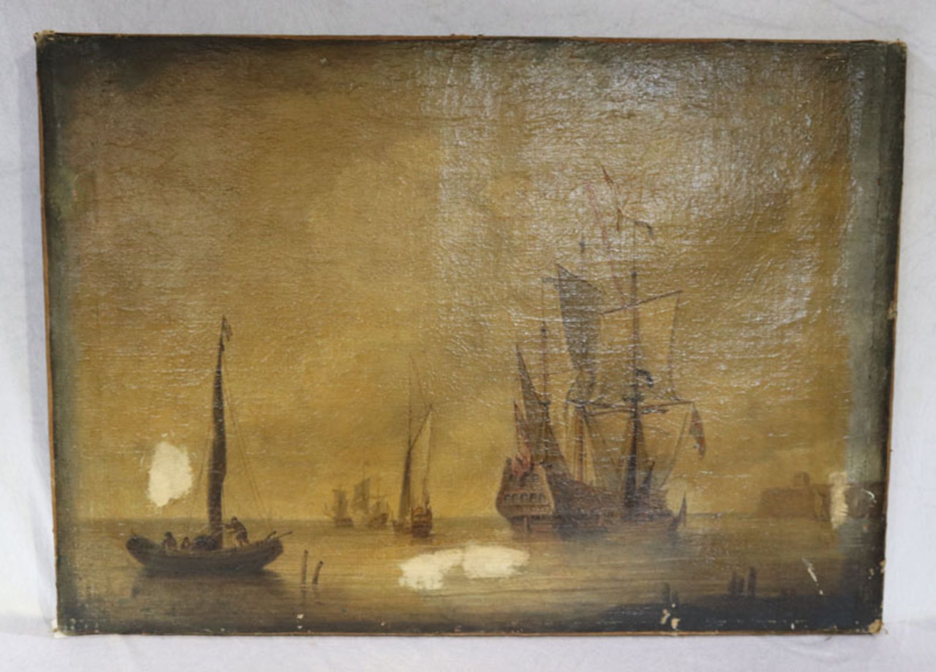 Gemälde ÖL/LW 'Küsten-Szenerie mit Segelschiffen', LW und Bildoberfläche beschädigt, ohne Rahmen