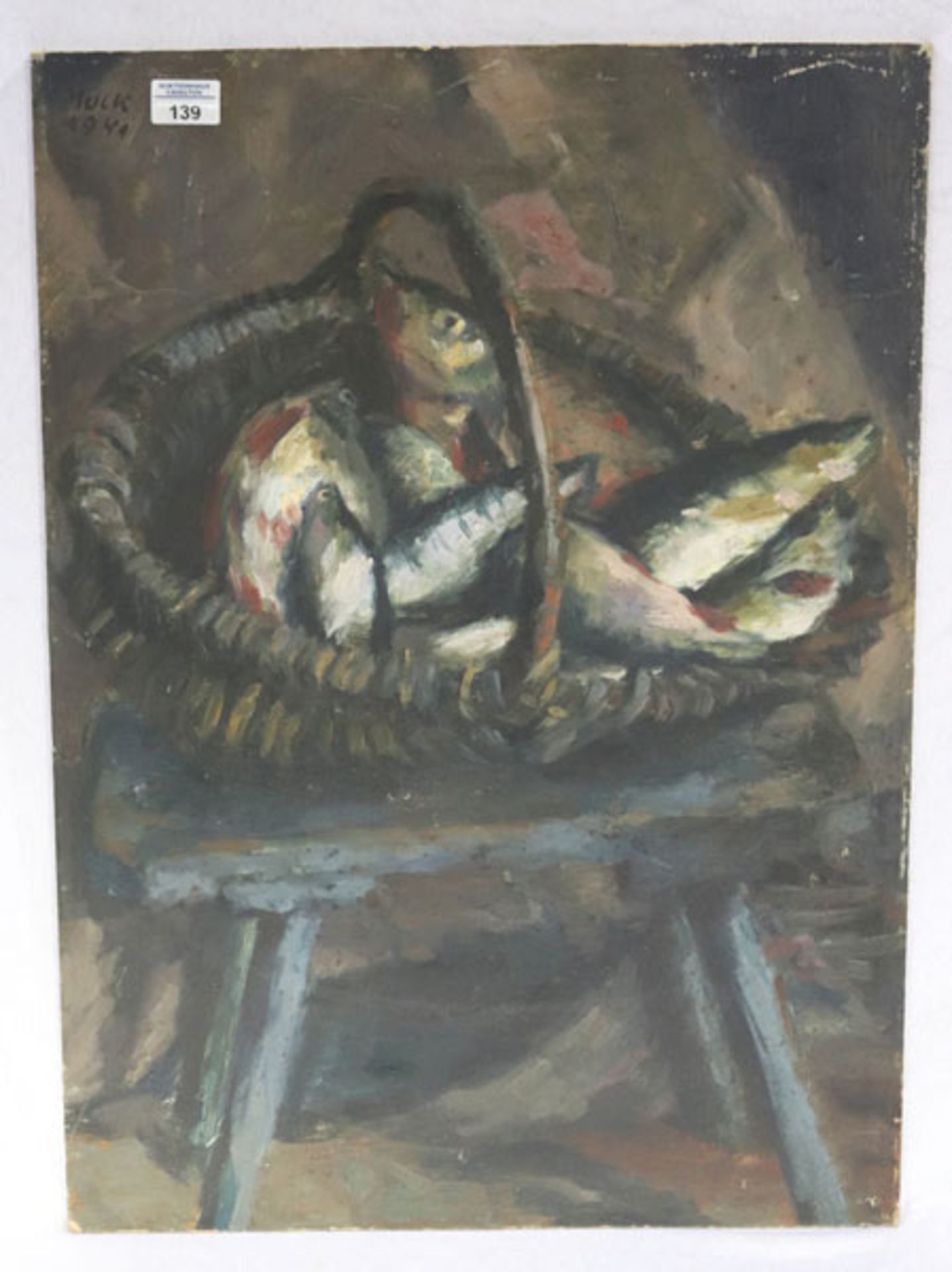 Gemälde ÖL/Malkarton 'Stillleben - Fische im Korb auf Hocker', signiert Muck ?, datiert 1949, ohne