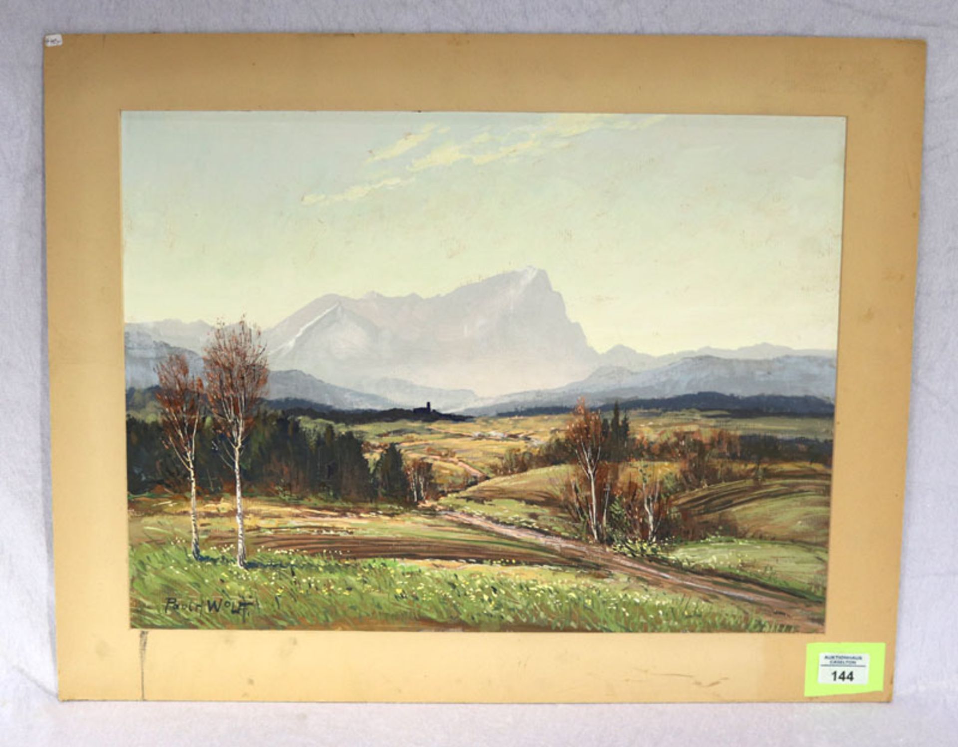 Gemälde Gouache auf Papier 'Murnauer Moor mit Blick zum Wetterstein', signiert Paul H. Wolff, * 1880