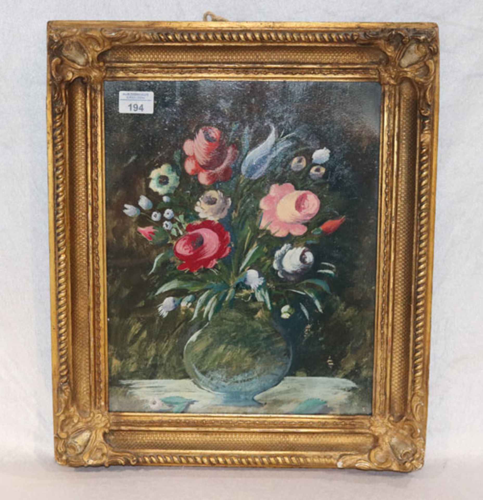 Gemälde ÖL/Malkarton 'Blumenstillleben in Vase', unter Glas gerahmt, Rahmen beschädigt, incl. Rahmen