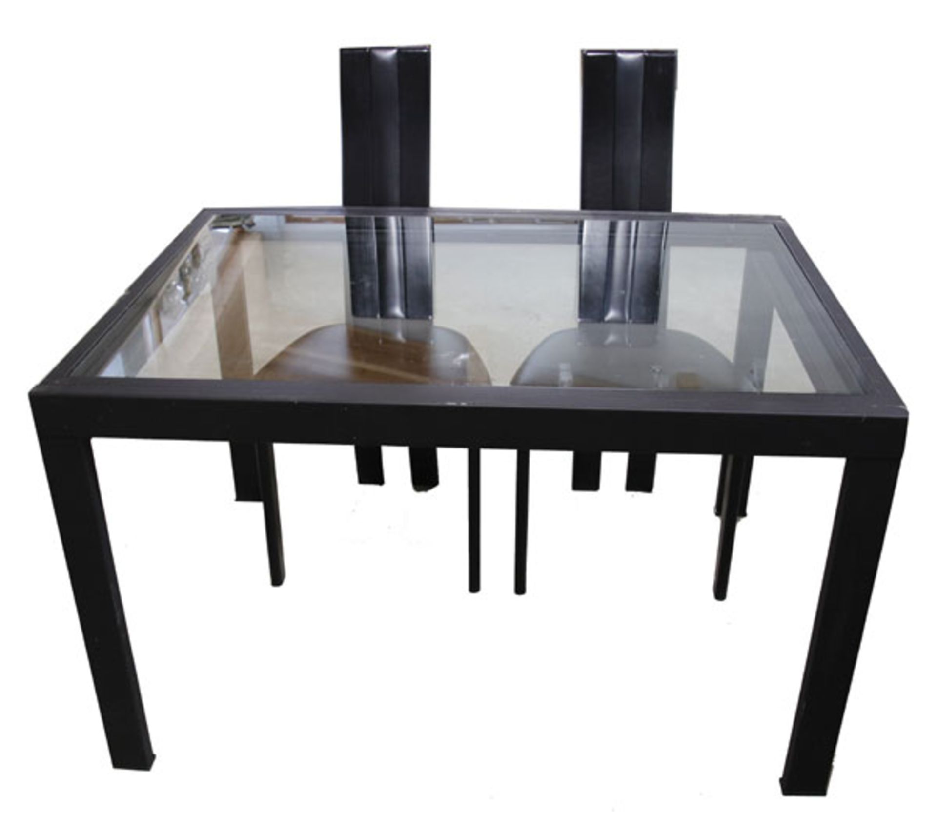 Metall Tisch mit Glasplatten, ausziehbar, H 74 cm, B 89 cm, L 123/246 cm, und 4 schwarze Holzstühle,