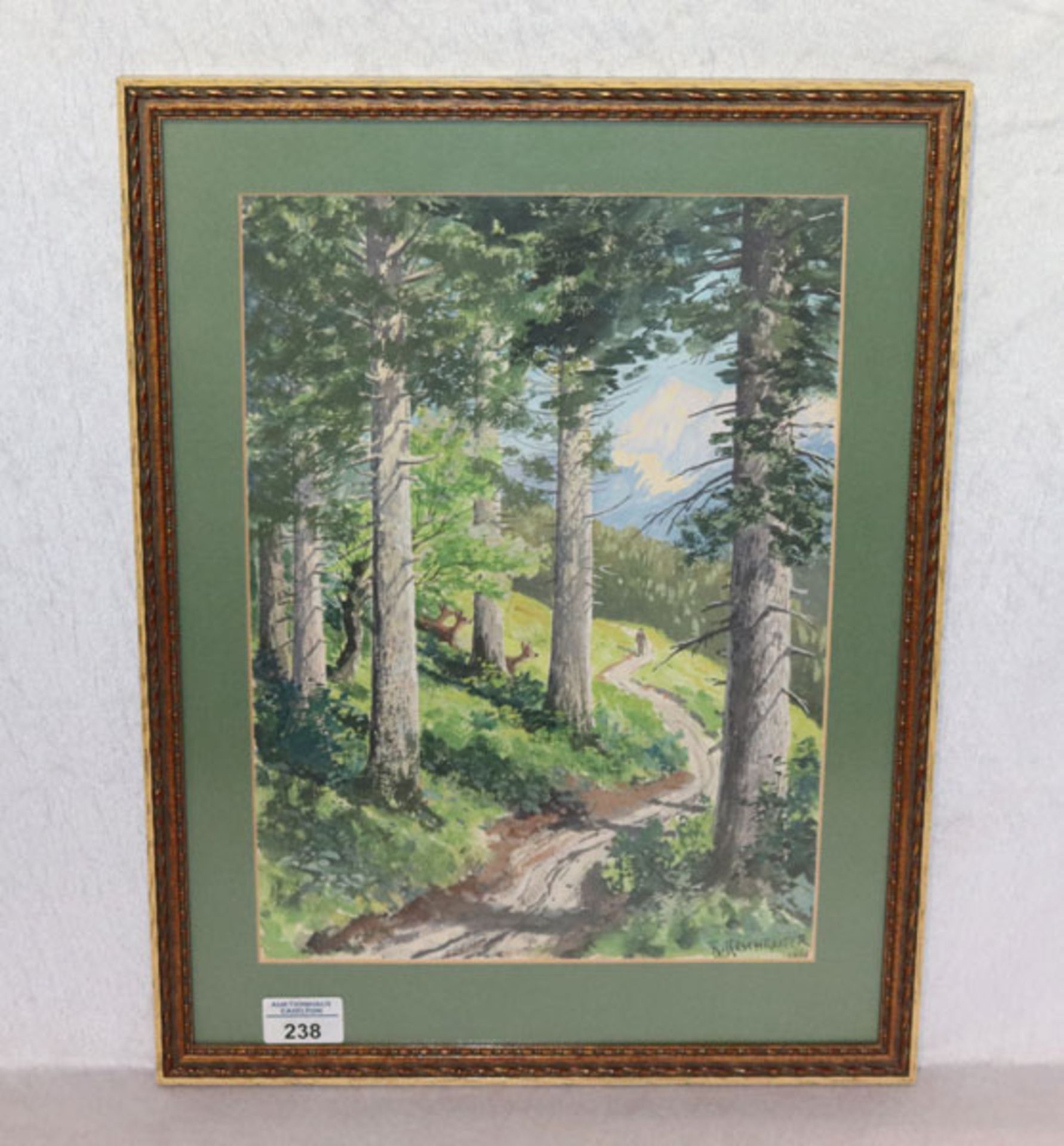 Gemälde Tempera/Karton 'Waldweg mit 3 Rehen und Blick ins Hochgebirge', signiert R. Reschreiter,