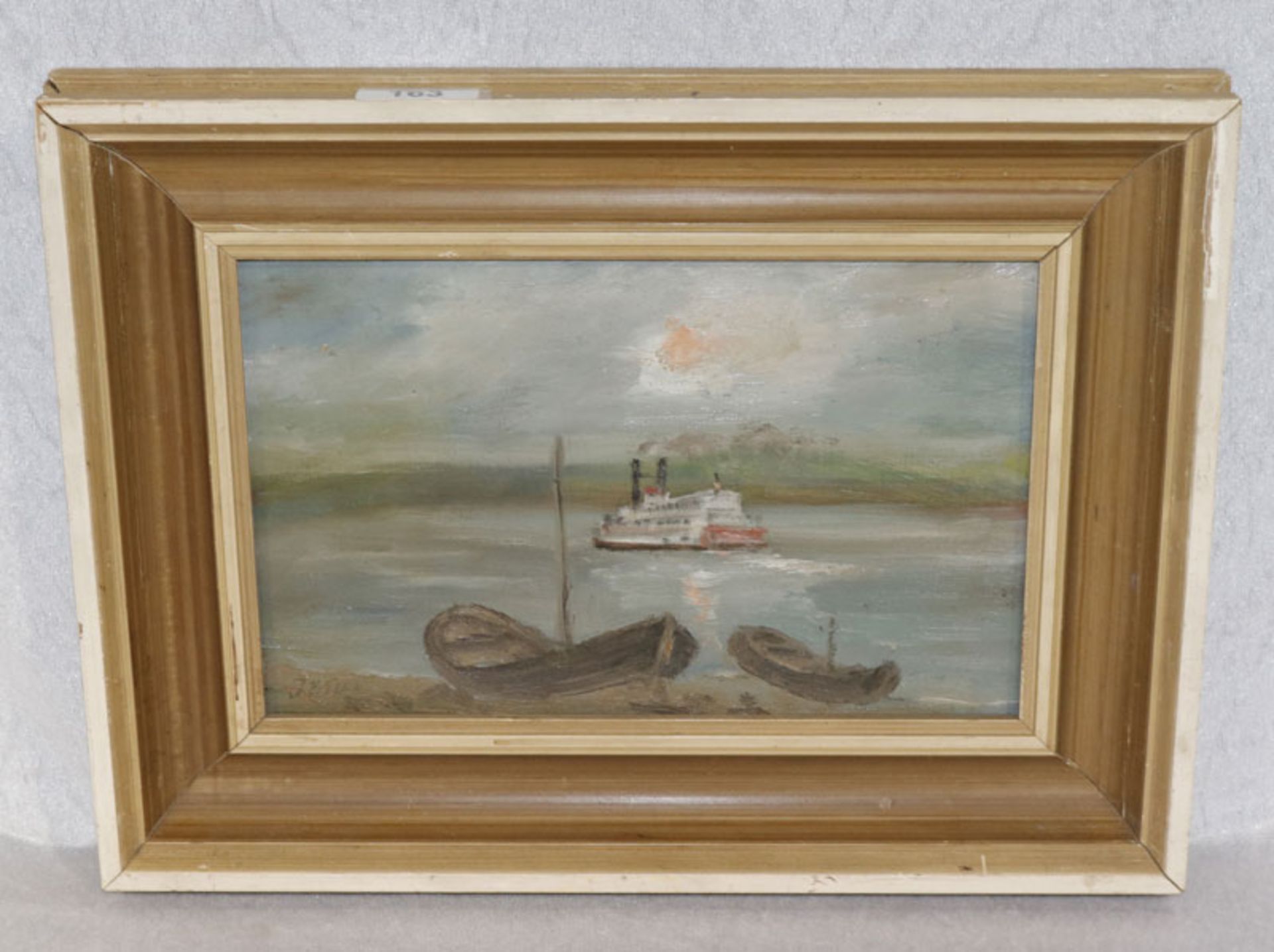 Gemälde ÖL/Hartfaser 'Seelandschaft mit Booten', signiert J. Bilek ?, gerahmt, Rahmen beschädigt,
