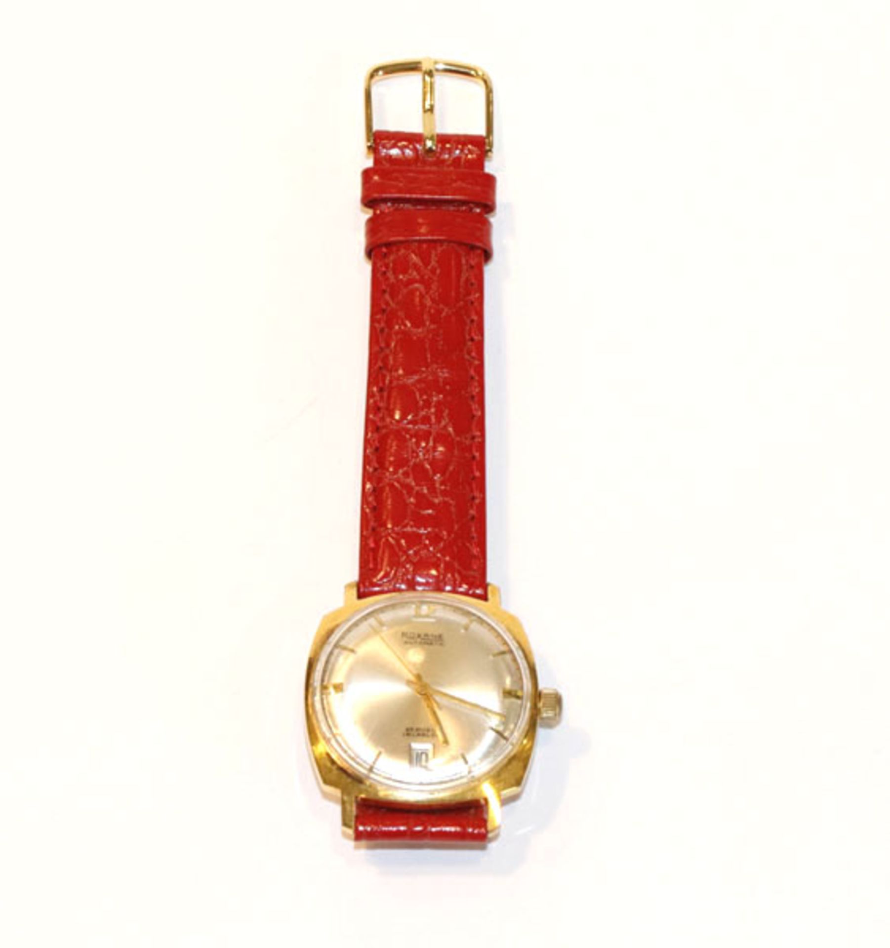 Roxane Automatic Armbanduhr mit Datumsanzeige, um 1965, intakt, Tragespuren, an rotem Armband