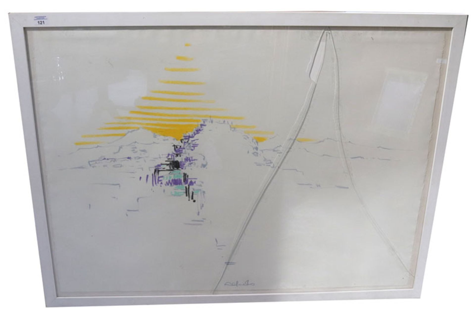 Pastell/Druck ? 'Landschaft mit Sonnenuntergang', signiert Alfredus ?, unter Glas gerahmt, Glas