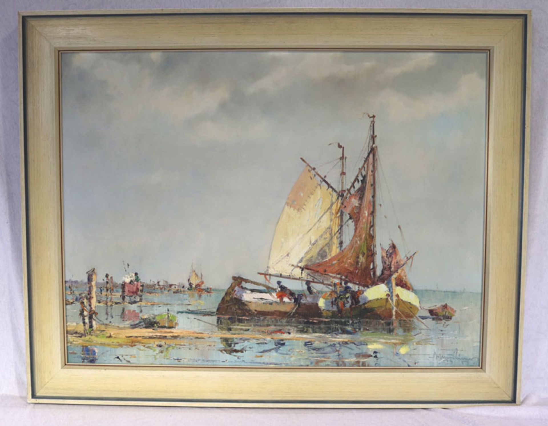 Gemälde ÖL/LW 'Küsten-Szenerie mit Segelbooten', signiert Arthur Hierer, Prof, * 1896 + 1985,