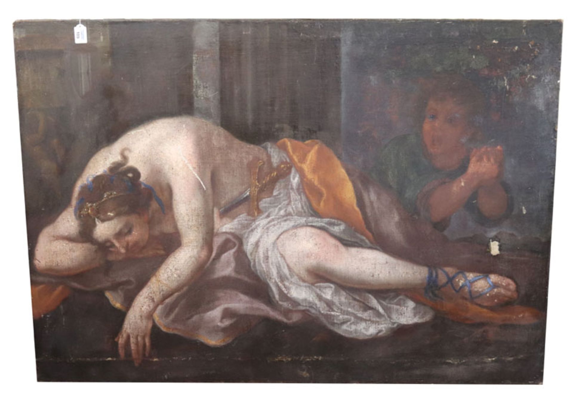 Gemälde ÖL/LW 'Tod der Lucretia', Bildoberfläche beschädigt, rückseitig mit Metallschild Berettini