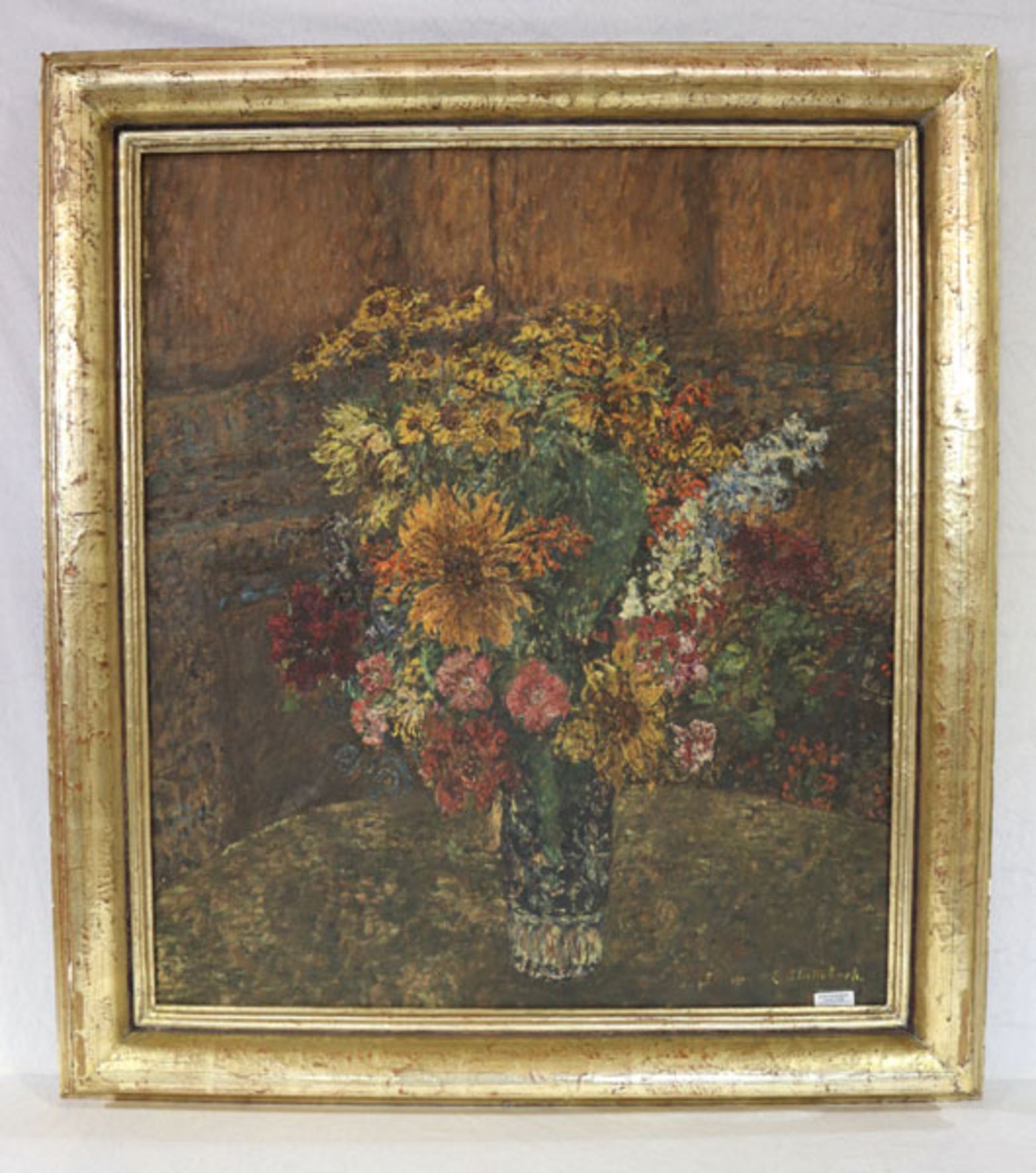 Gemälde ÖL/LW 'Blumenstillleben in Vase', undeutlich signiert, gerahmt, Rahmen bestossen, incl.