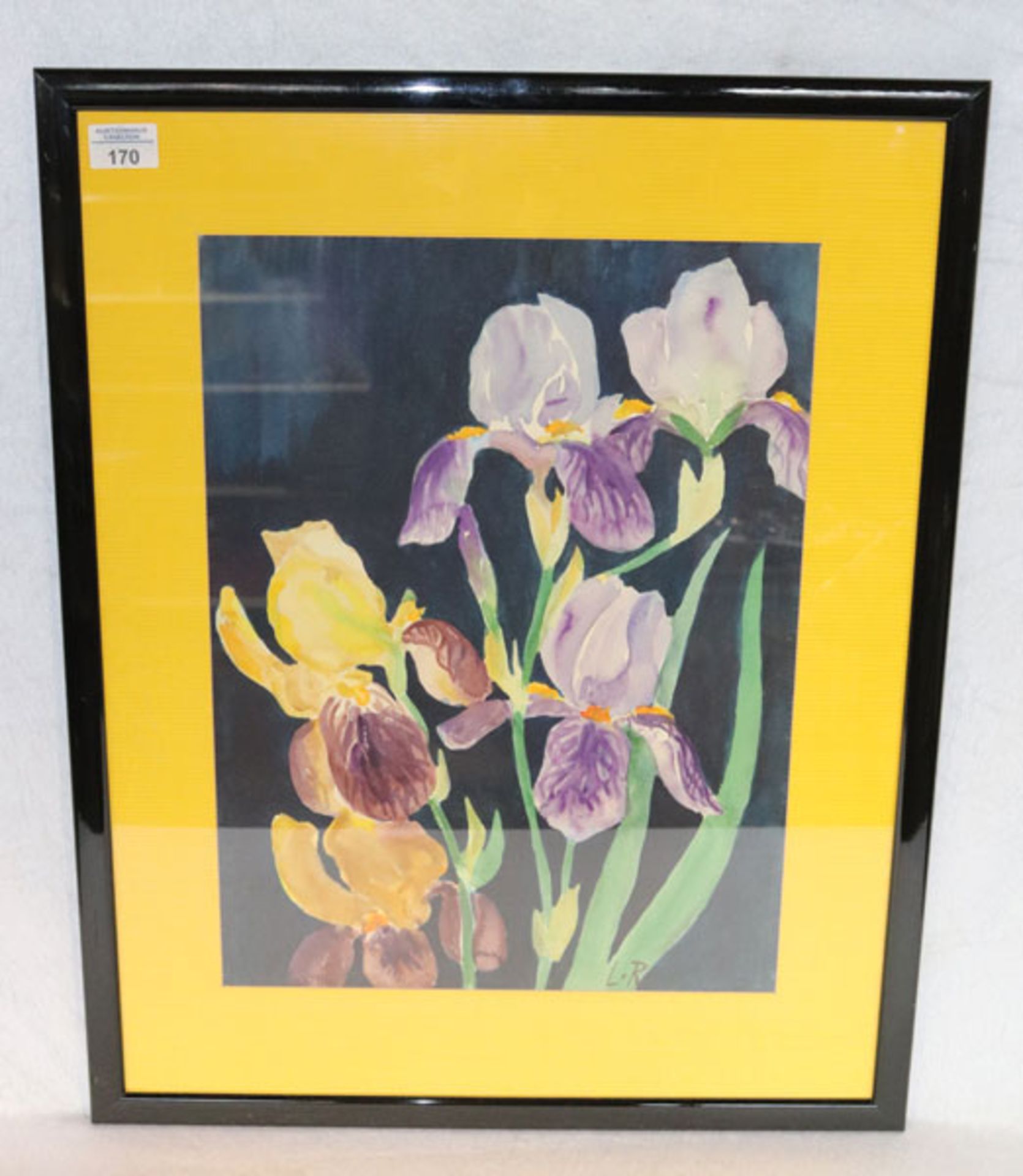 Aquarell 'Iris', monogrammiert L. R., unter Glas gerahmt, Rahmen bestossen, incl. Rahmen 65 cm x