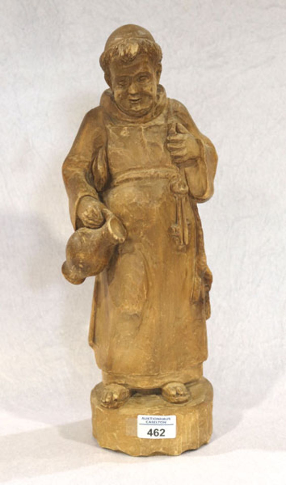 Holz Figurenskulptur 'Mönch mit Henkelkrug', H 43 cm, leicht bestossen