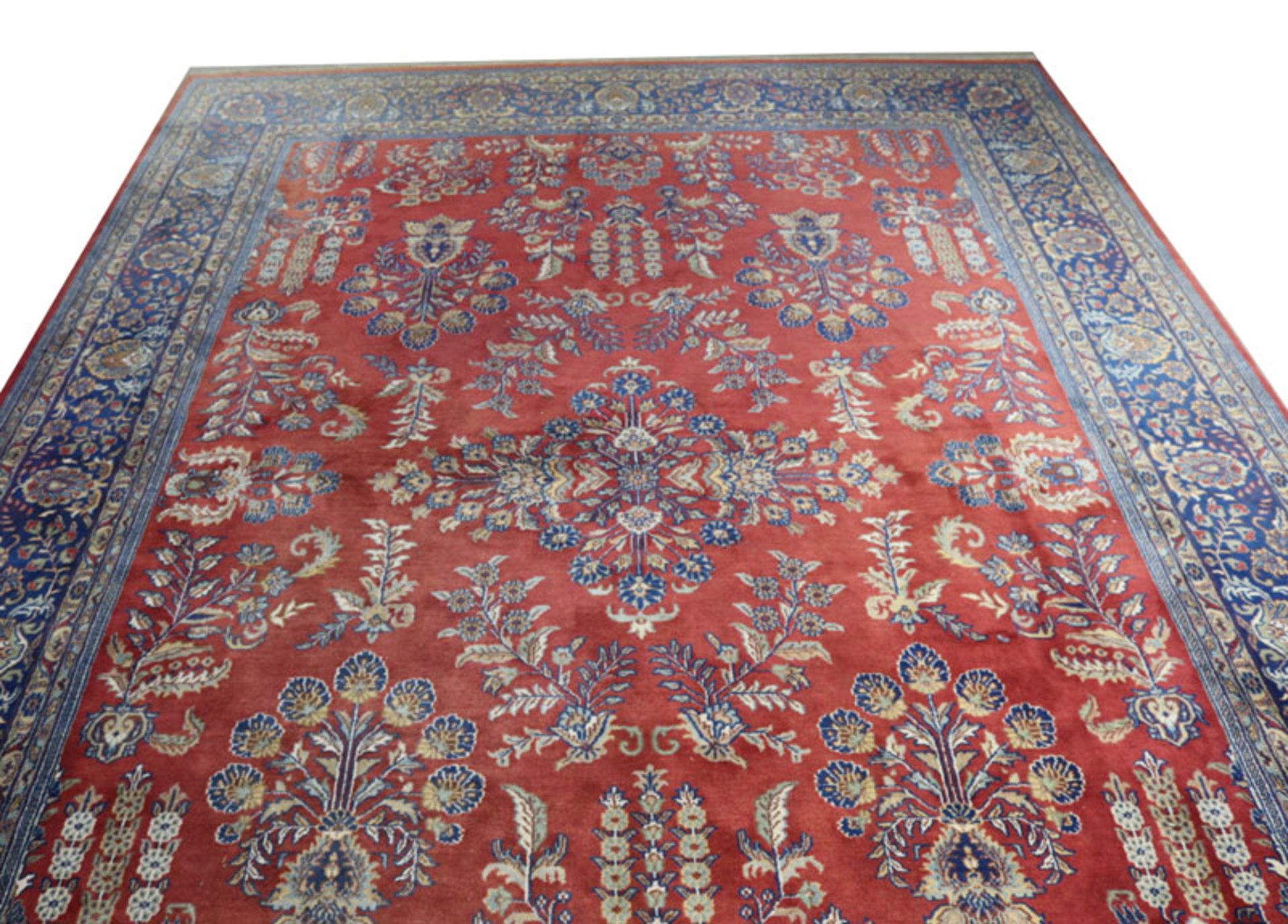 Teppich, Sarough, Indien, rot/blau/beige, Gebrauchsspuren, 350 cm x 256 cm