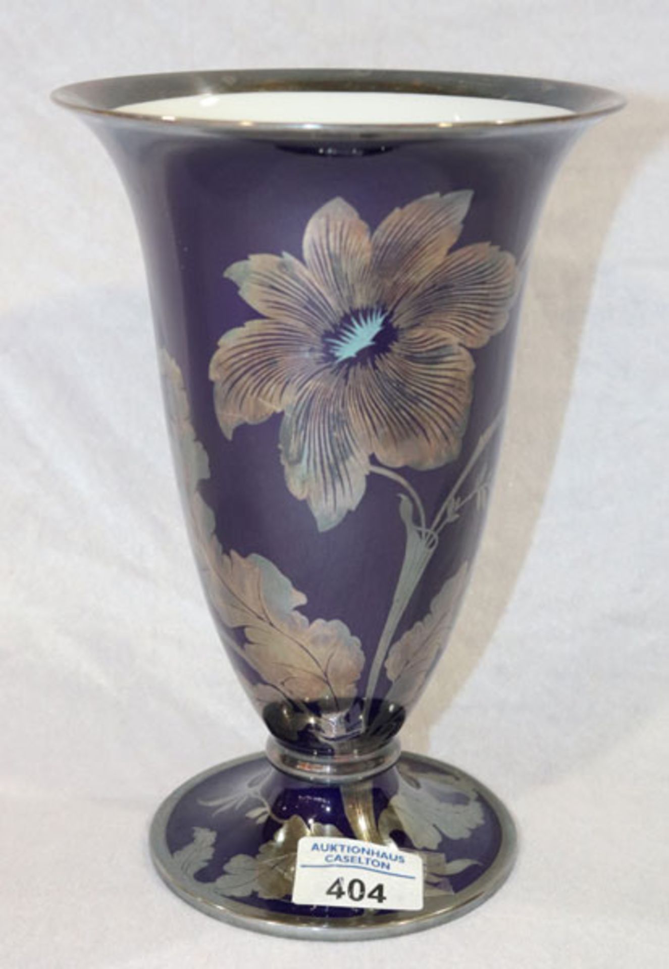 Rosenthal Porzellan Vase, dunkelblau mit Silberauflage, Blumendekor, H 23,5 cm, D 16 cm, gut