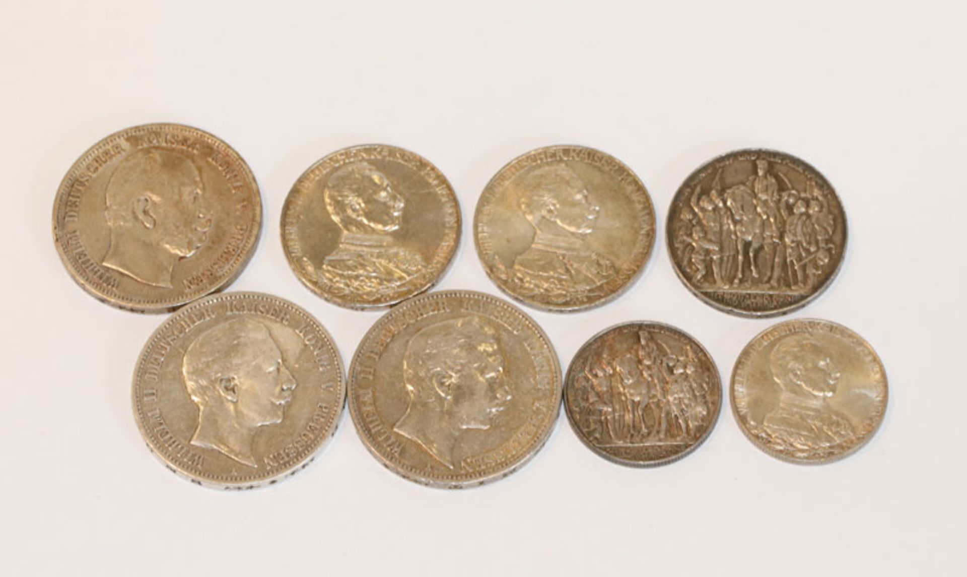 Konvolut von 8 Silbermünzen, Kaiserreich Preussen, 155 gr.