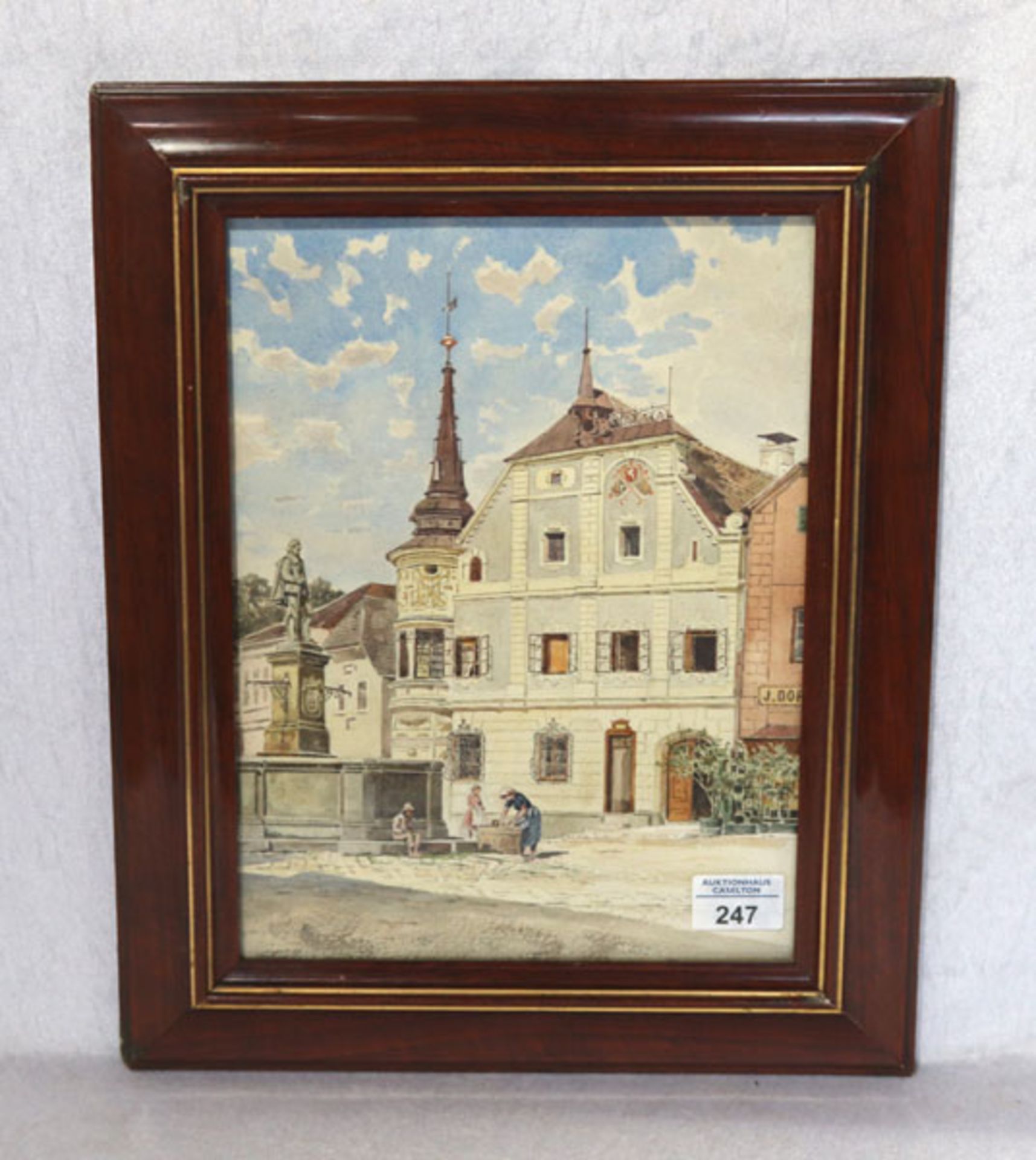 Zeichnung/Aquarell 'Marktplatz Grein', signiert Fritz Lach, datiert 1890, * 1868 Linz + 1933 Wien,