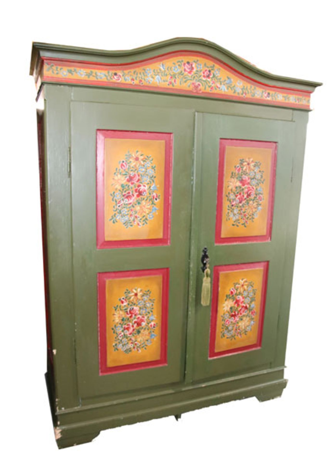 Bauernschrank um 1900, Korpus mit 2 Türen, grün mit bunter Blumenbemalung, H 217 cm, B 157 cm, T