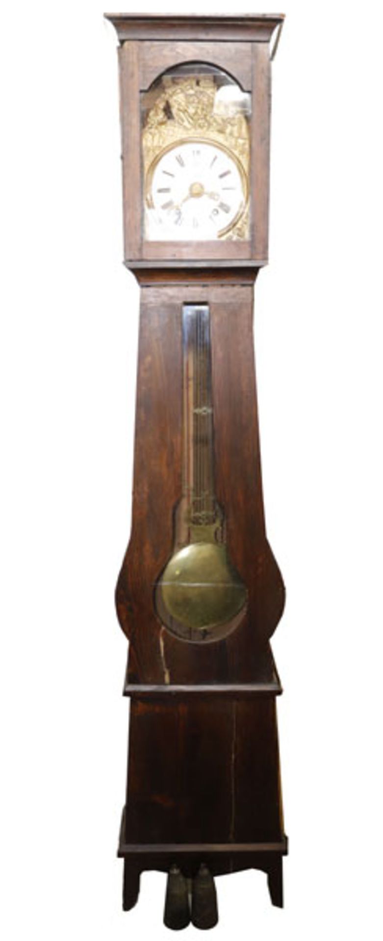 Comtoise Standuhr, früh 19. Jahrhundert, komplett, Holzgehäuse teils verglast, Emailzifferblatt