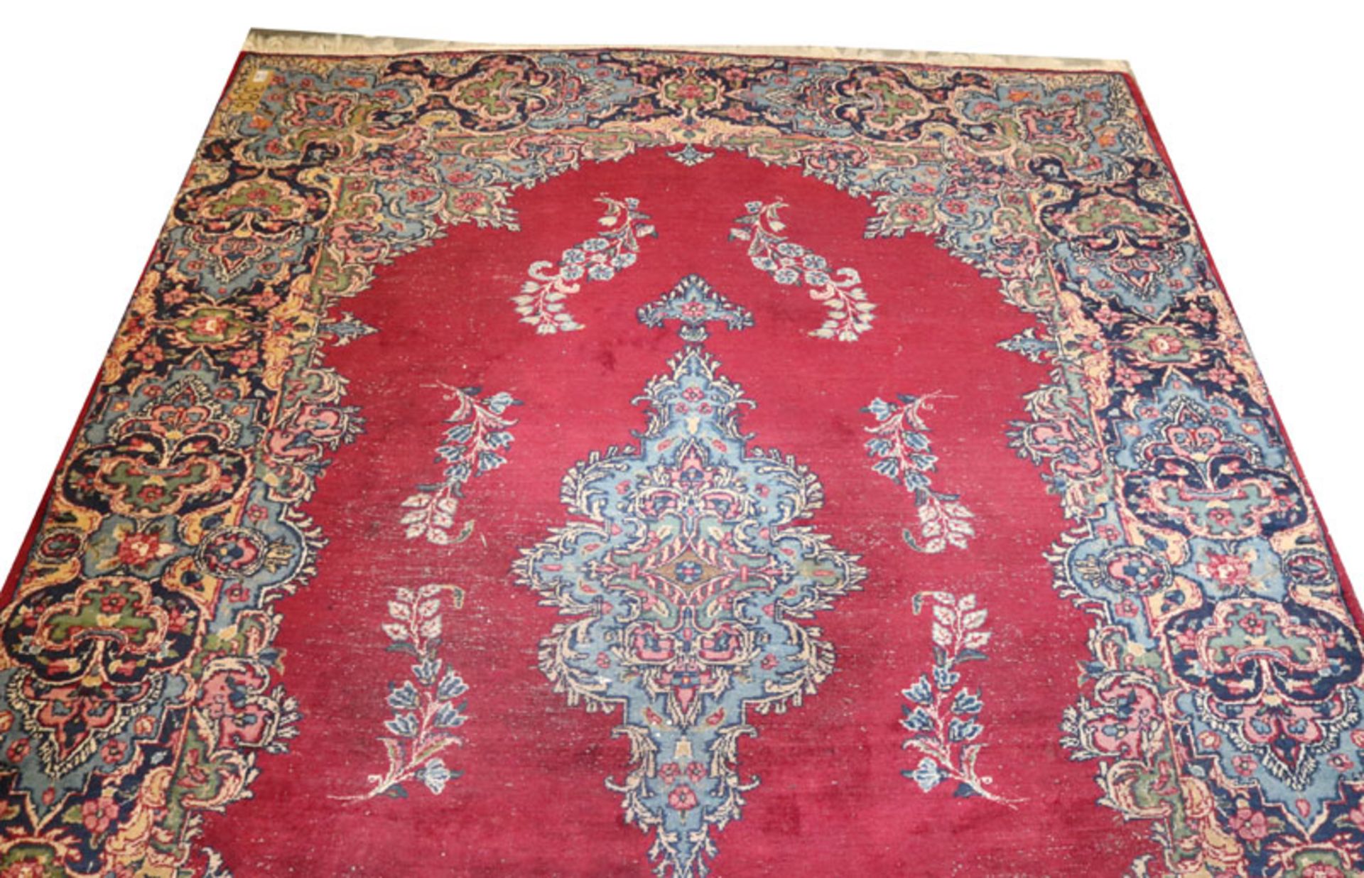 Teppich, Kirman, rot/blau/bunt, starke Gebrauchsspuren, beschädigt, 286 cm x 200 cm