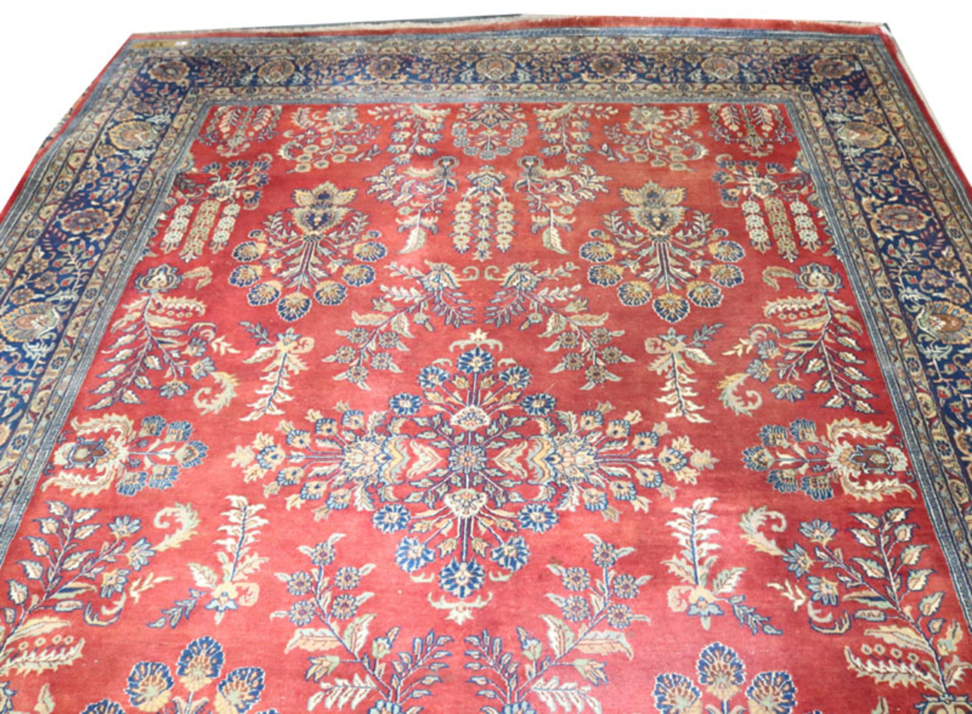 Teppich, Sarough, Indien, rot/blau/beige, Gebrauchsspuren, 350 cm x 256 cm