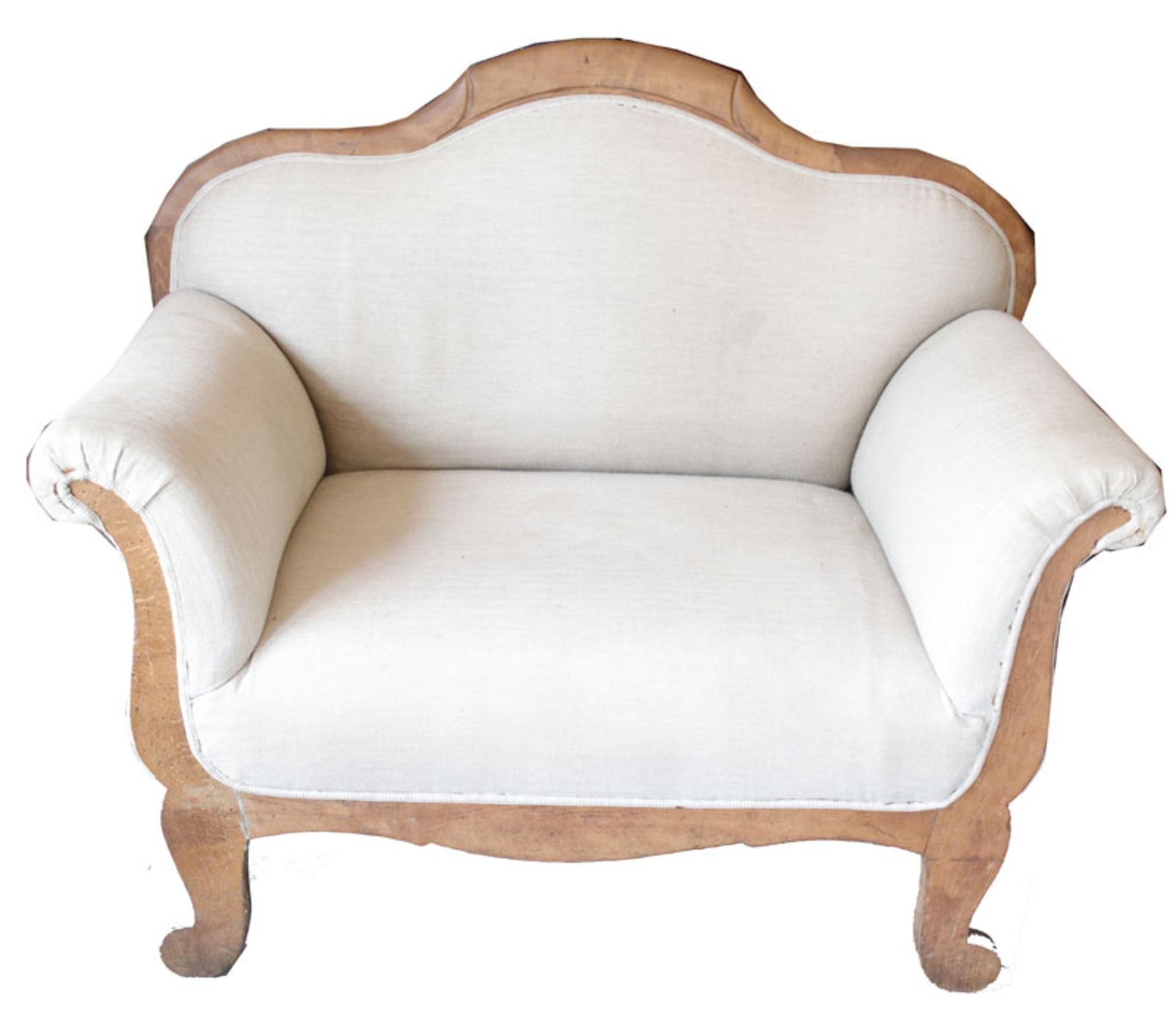 Sofa, Holzrahmen in geschwungener Form gepolstert und beige bezogen, 19. Jahrhundert, Gebrauchs- und