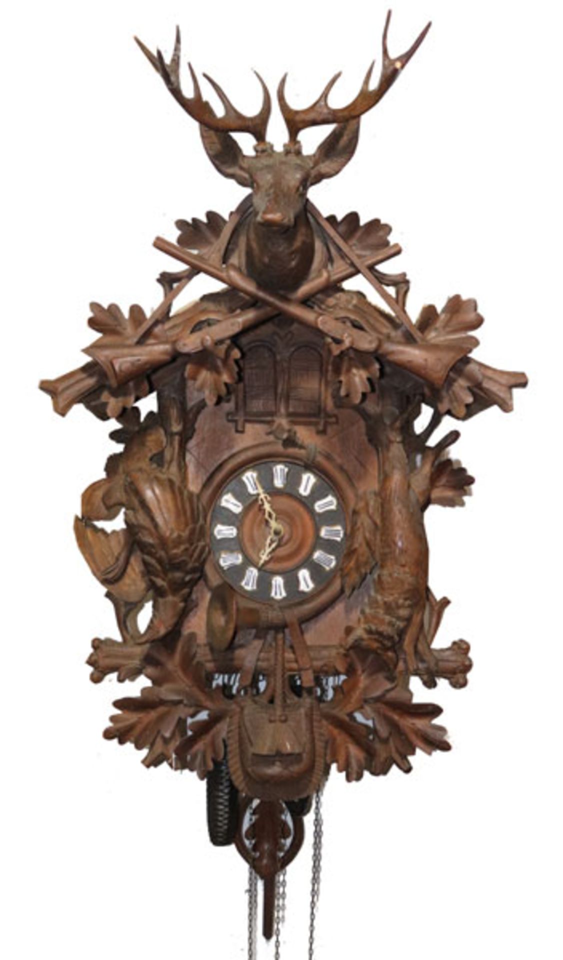 Große Kuckucksuhr, 19. Jahrhundert, Holzgehäuse mit schön geschnitzten Jagdmotiven, Hirschkopf,