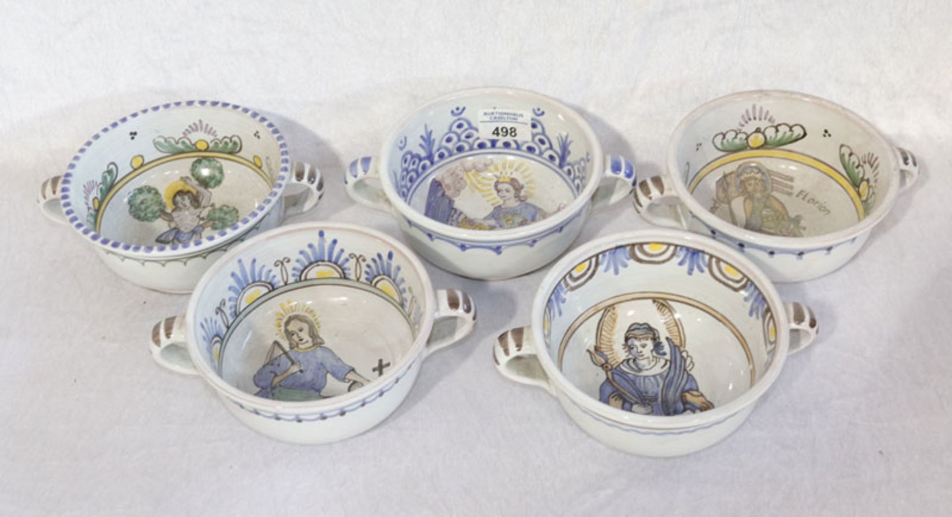 5 Keramik Henkelschalen, bemalt mit Heiligendarstellungen, Gebrauchsspuren, H 7 cm, D 15 cm