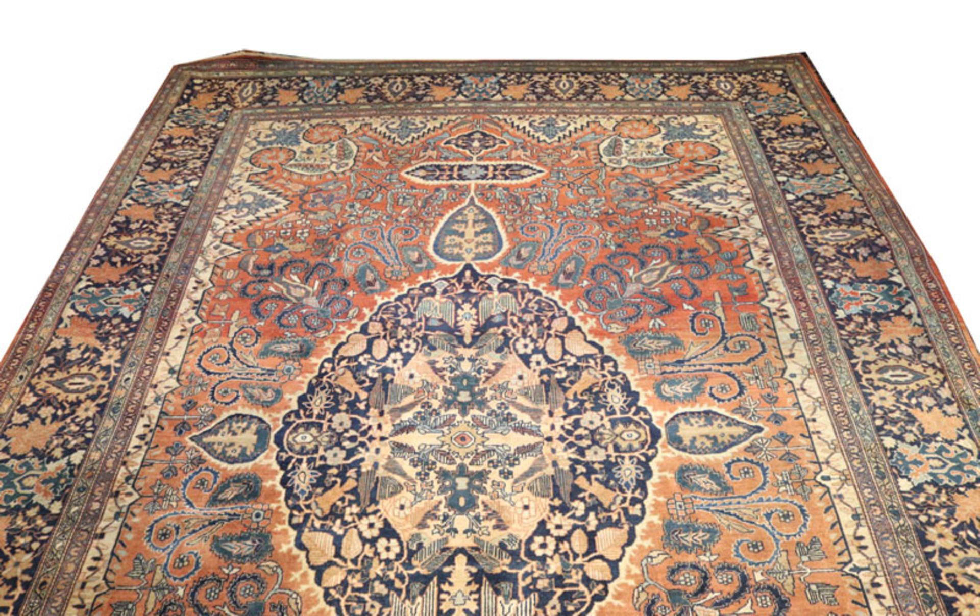 Teppich, Kirman, blau/braun, 376 cm x 254 cm, Gebrauchsspuren