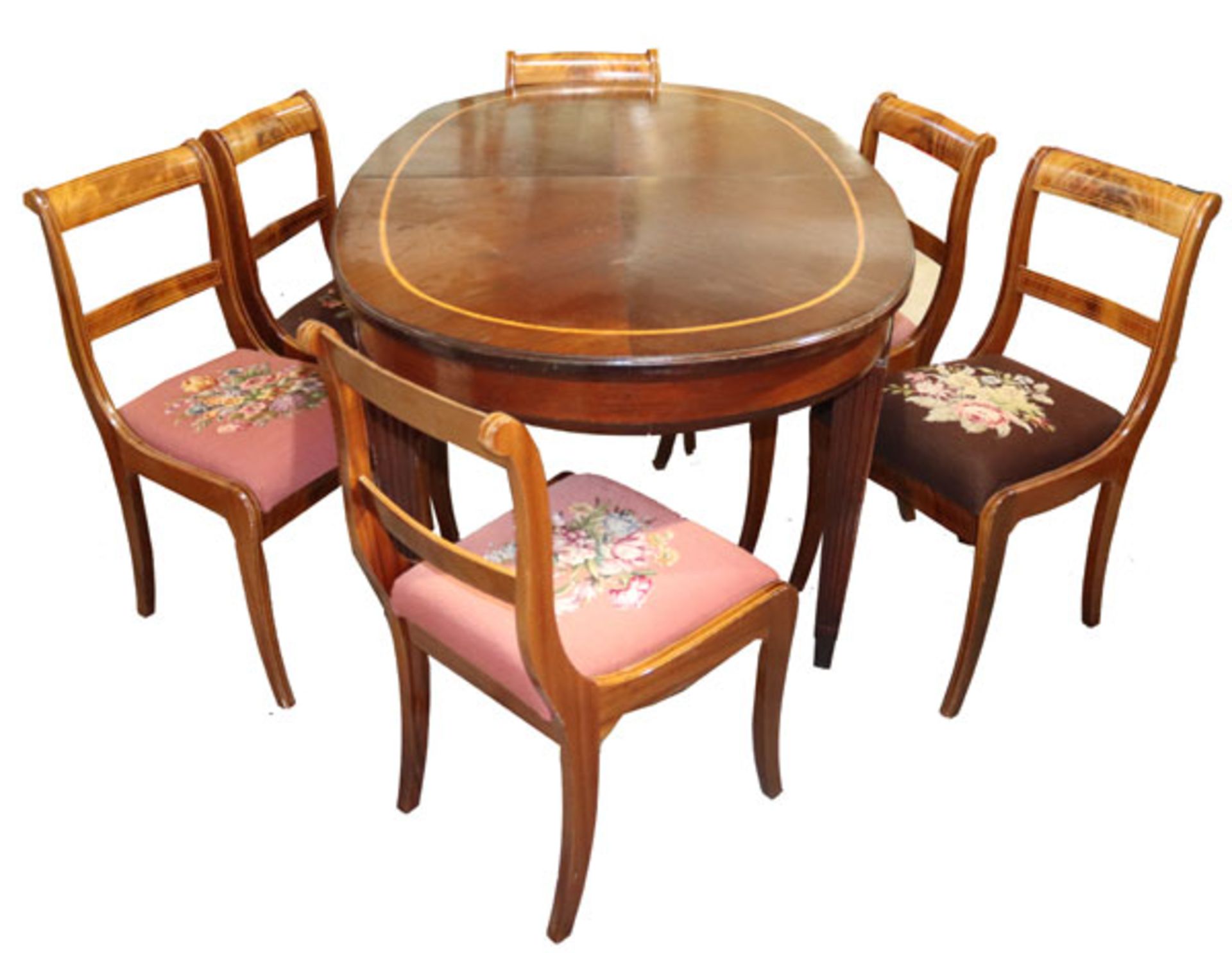 Ovaler Tisch, ausziehbar mit 2 Einlagebretter, H 96,5 cm, L 163/283 cm, B 100 cm, und 6 passende