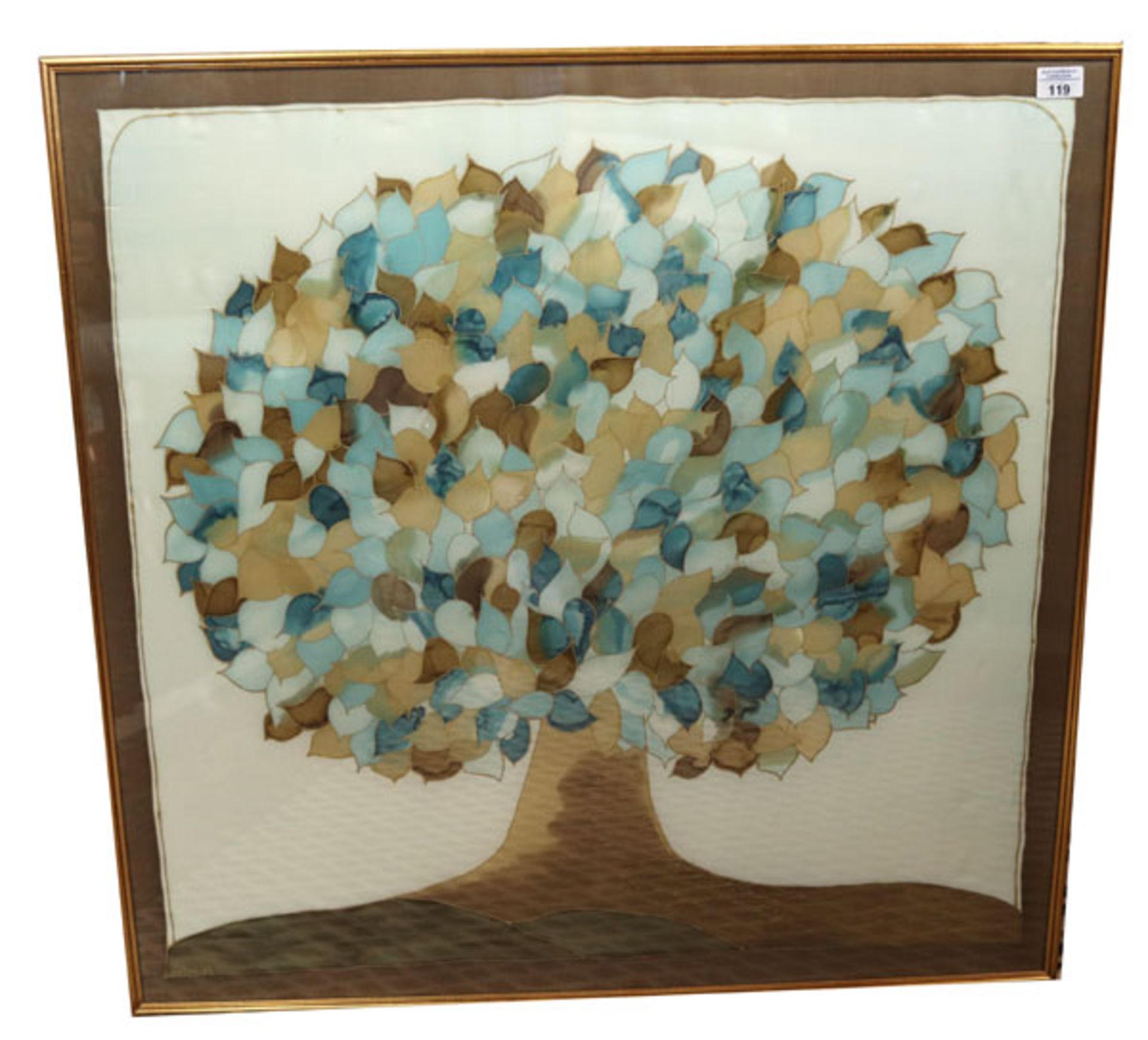 Gemälde auf Seide 'Baum', signiert Helga 89, unter Glas gerahmt, incl. Rahmen 84 cm x 85 cm