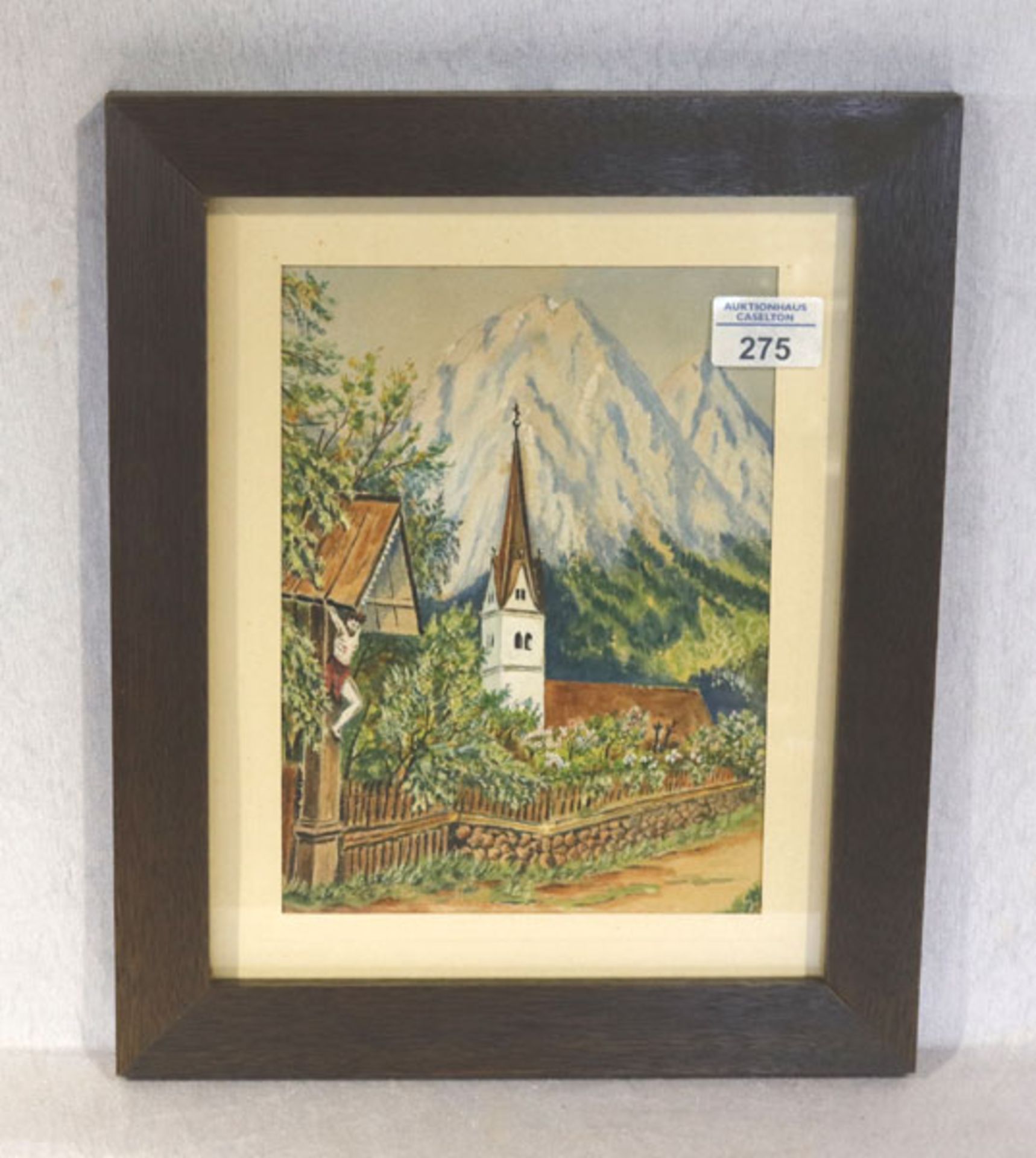 Aquarell 'Kirchenansicht mit Wegkreuz in Gebirgslandschaft', mit Passepartout unter Glas gerahmt,