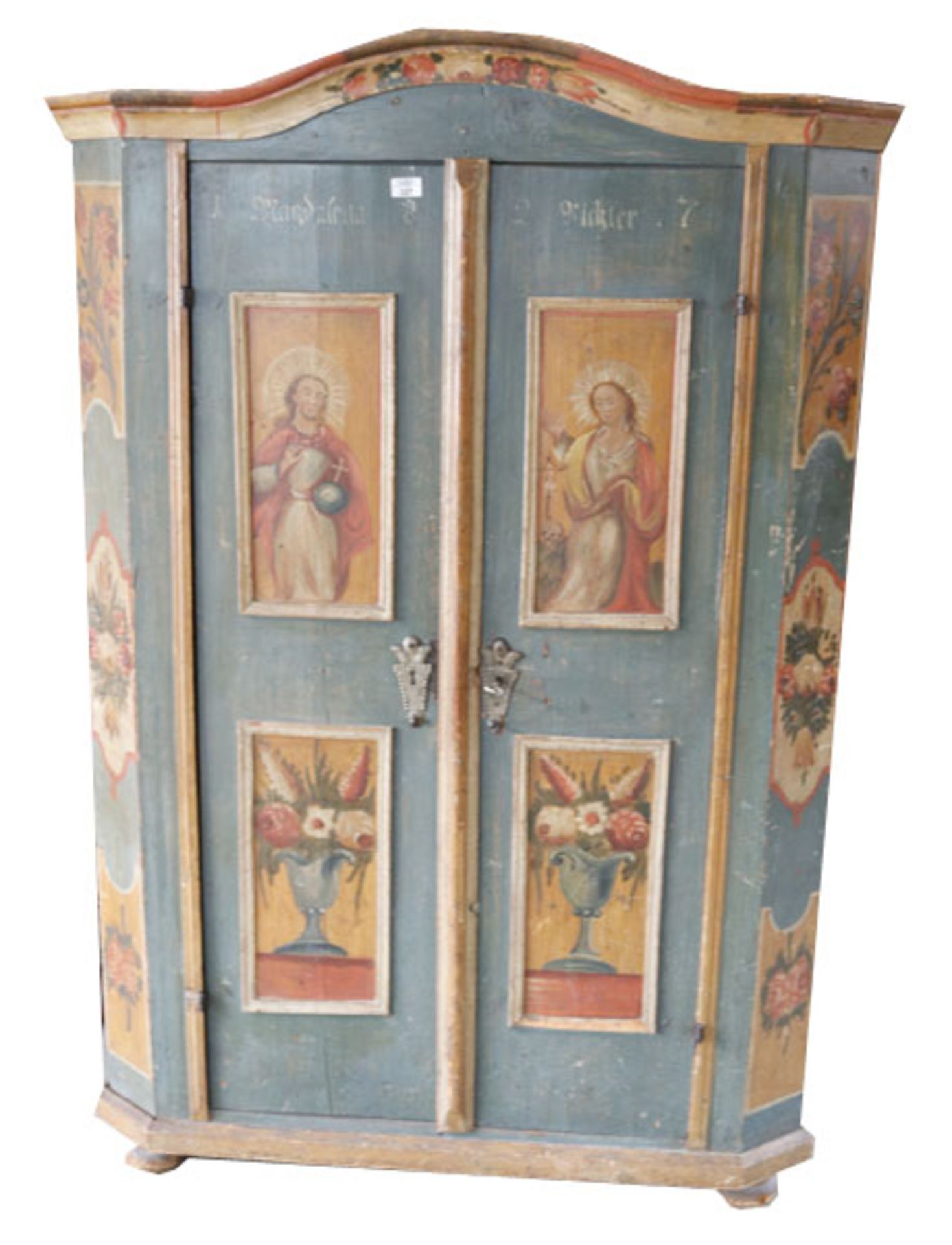 Bauernschrank, Korpus mit 2 Türen, blau mit bunter Blumenmalerei, Maria und Jesus, datiert 1827,