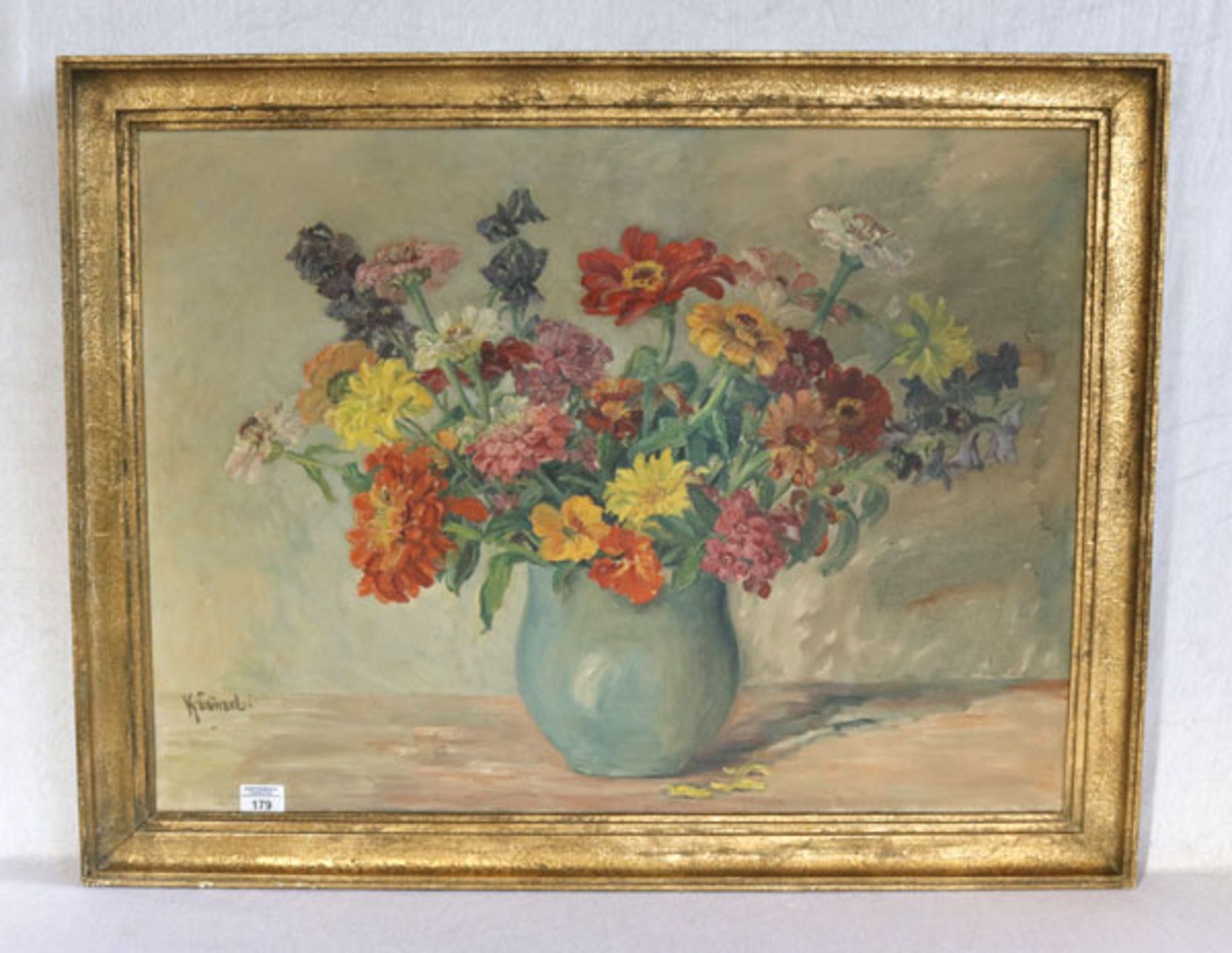 Gemälde ÖL/L 'Blumenstillleben in Vase', signiert K. Günzel, LW beschädigt und Loch, gerahmt, Rahmen