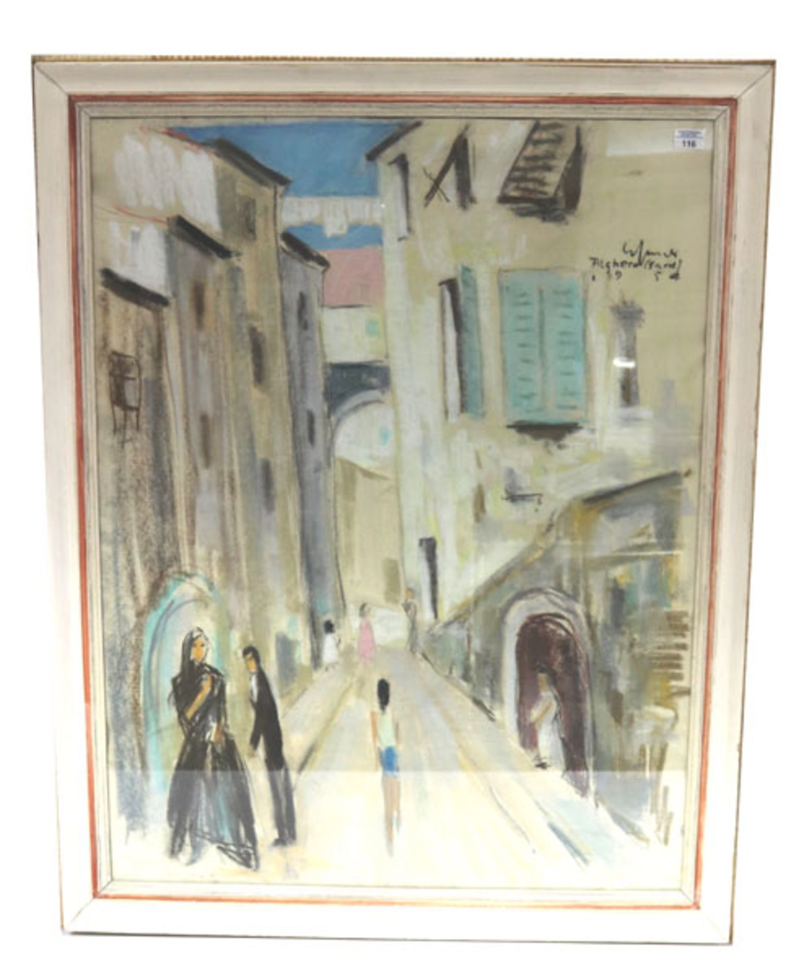 Pastellgemälde 'Strassen-Szenerie mit Personen', undeutlich signiert und bez. Alghera (gard) 1954,