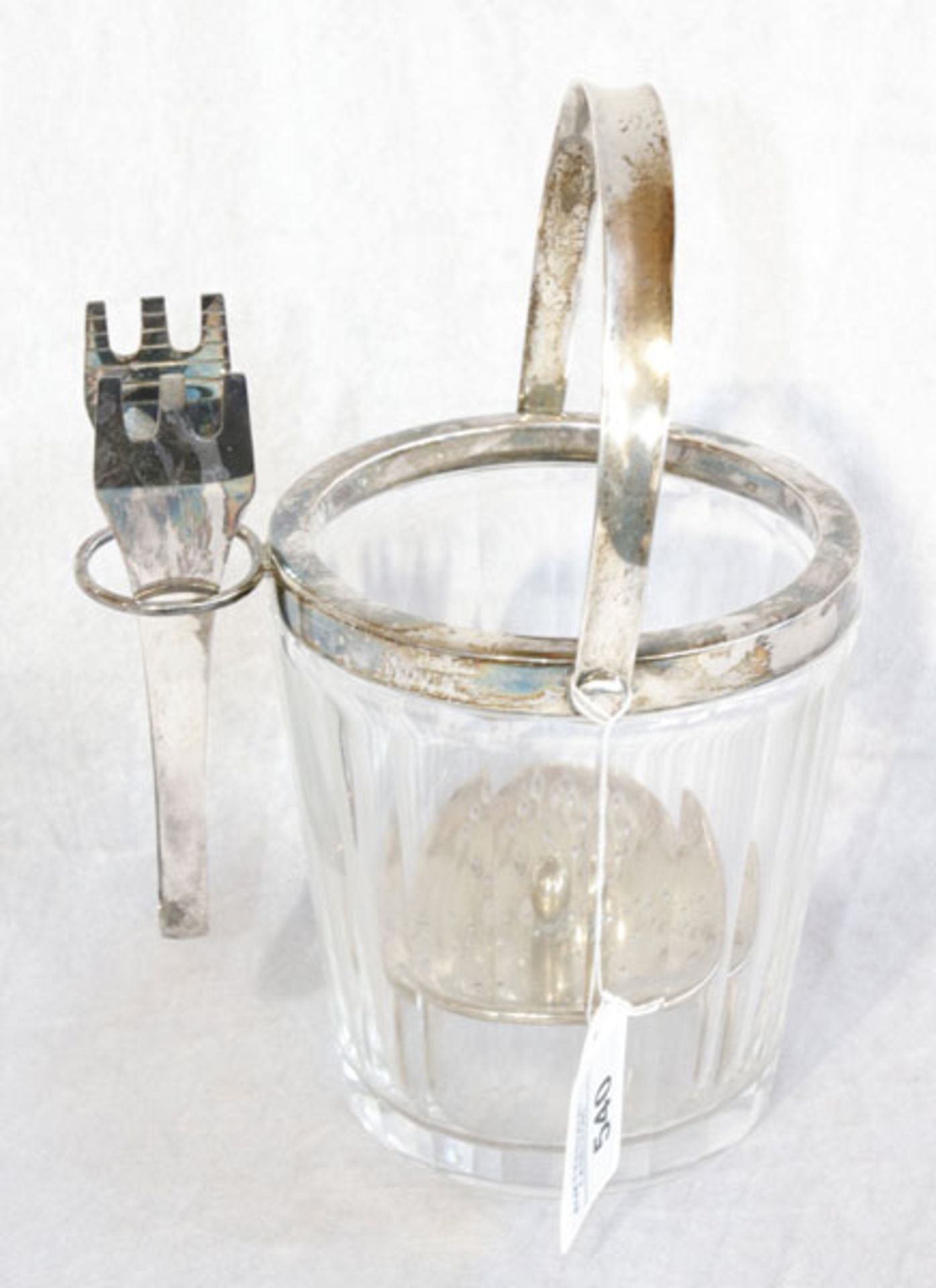 Eisbehälter, Glas mit 835 Silbermontierung, Eiszange 800 Silber, H 23 cm, Gebrauchsspuren