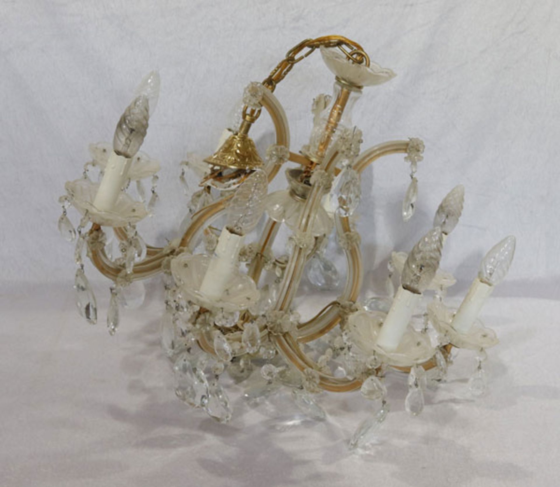 Kristall Hängelampe, 8-armig mit Glasprismen, H 76 cm, D 67 cm, Gebrauchsspuren, Funktion nicht