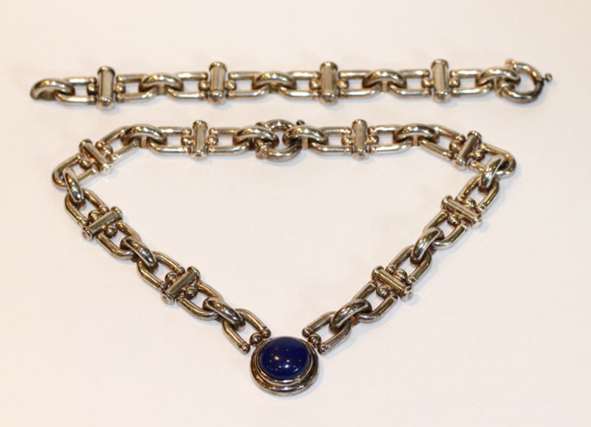 Ausgefallene Sterlingsilber Collierkette mit Lapislazuli ?, L 36 cm, und passendes Armband, L 20 cm,