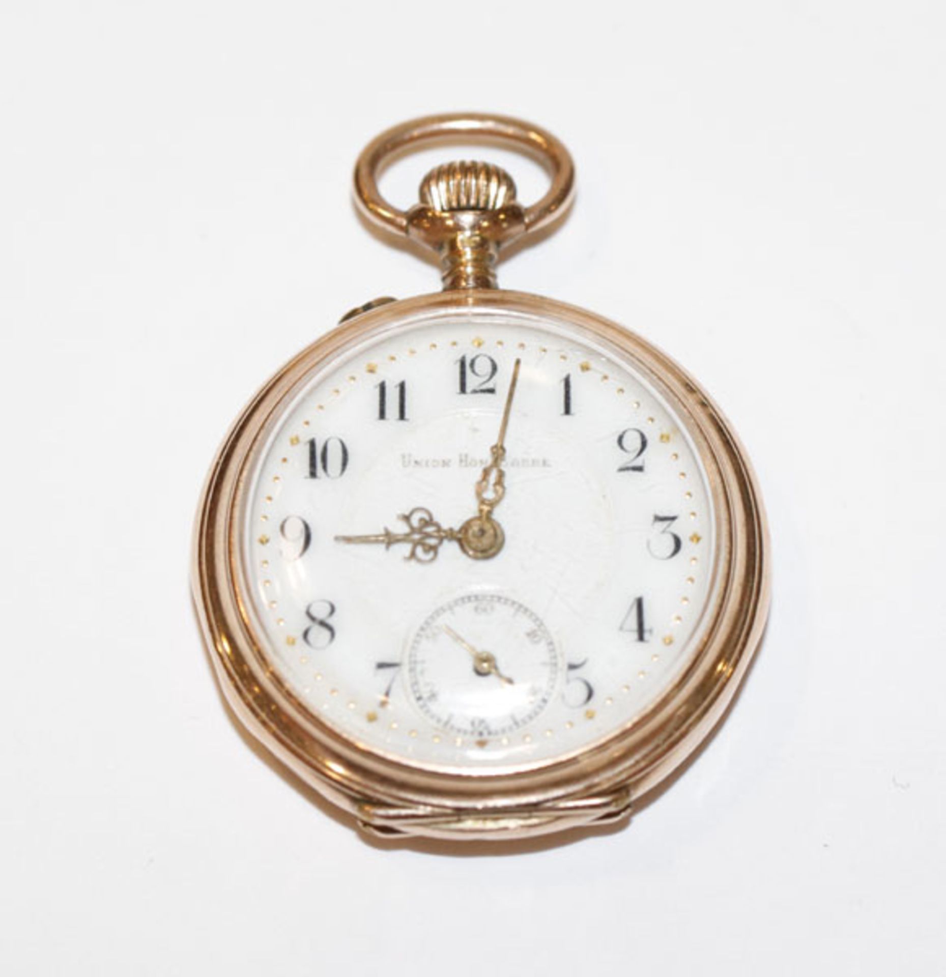 14 k Gelbgold Damen-Taschenuhr, Union Horlogere, intakt, D 3 cm, Tragespuren