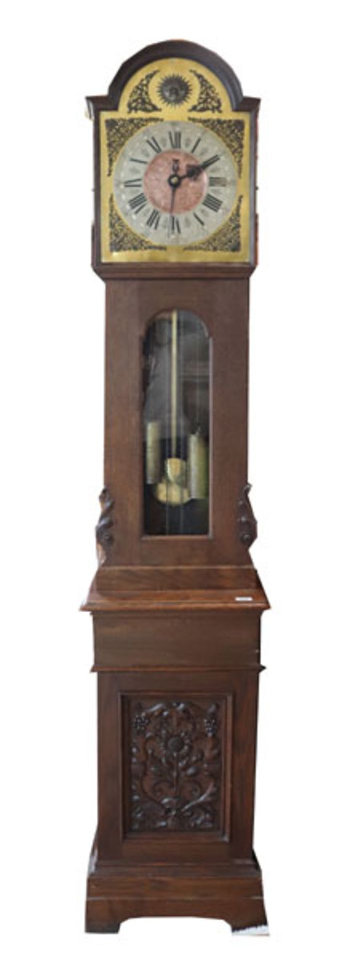 Standuhr, Holzgehäuse teils beschnitzt, eine verglaste Tür, Metall Zifferblatt, H 221 cm, B 46 cm, T