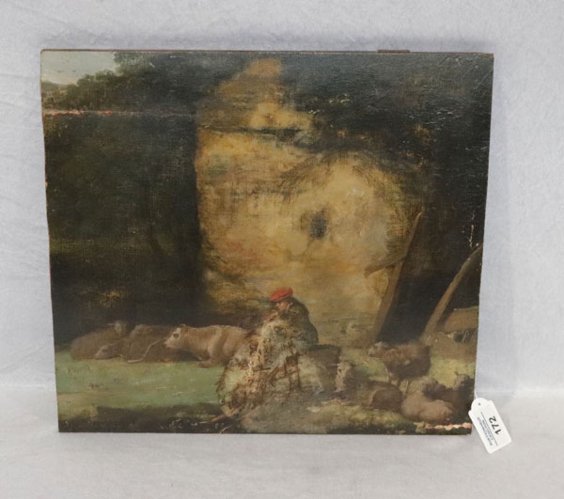 Gemälde ÖL/Holz 'Tierhirte', um 1800, Bildoberfläche beschädigt, ohne Rahmen 36 cm x 39 cm (00139)